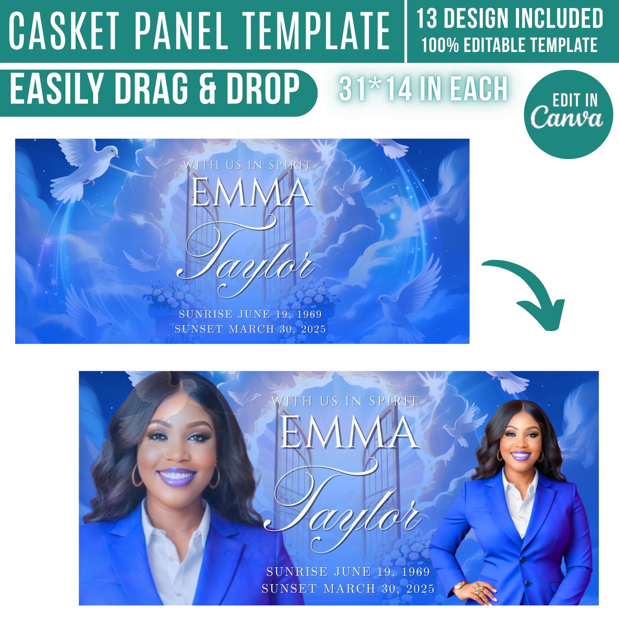 13 Memorial Casket Panel Editable Templates, Personalized Casket Panel, In Loving Memory Canva Template, Memorial Tribute, Funeral Keepsake - Editable Memorial Canva Template