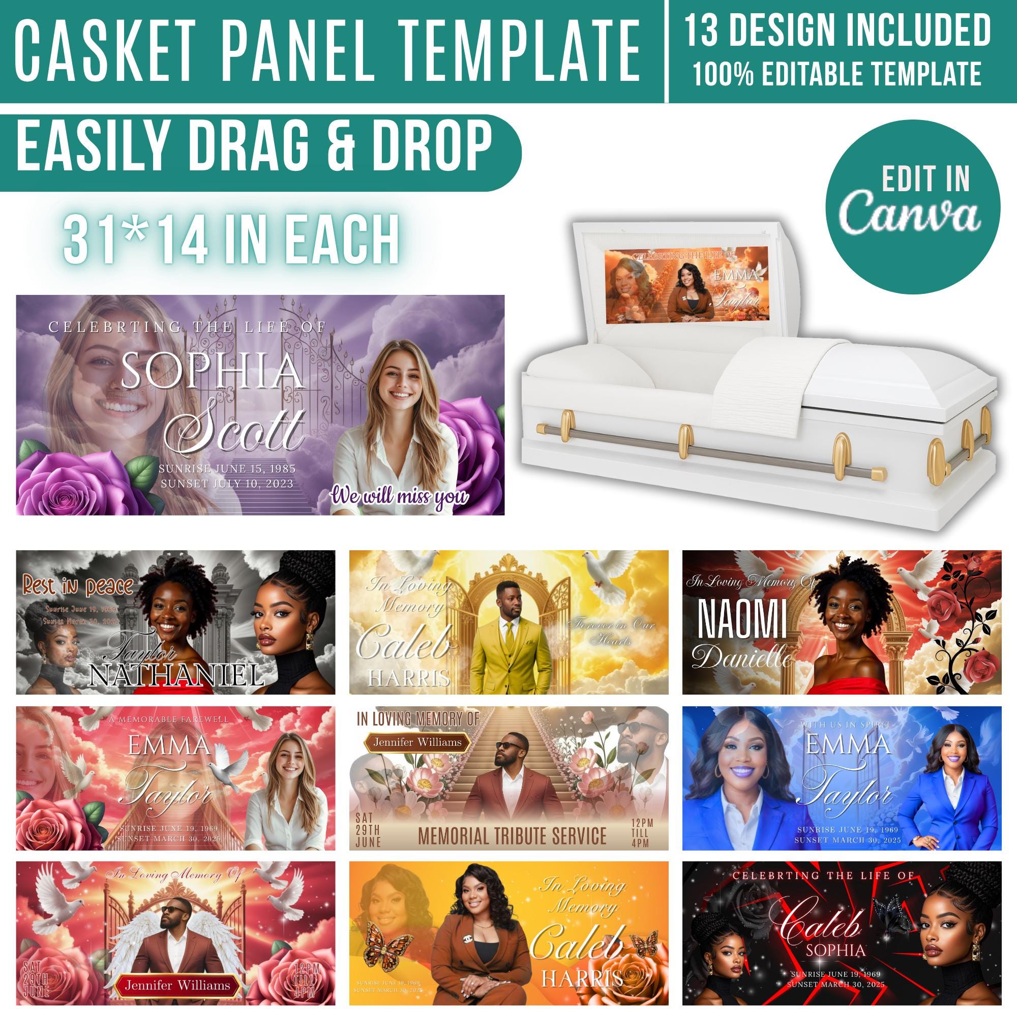 13 Memorial Casket Panel Editable Templates, Personalized Casket Panel, In Loving Memory Canva Template, Memorial Tribute, Funeral Keepsake - Editable Memorial Canva Template