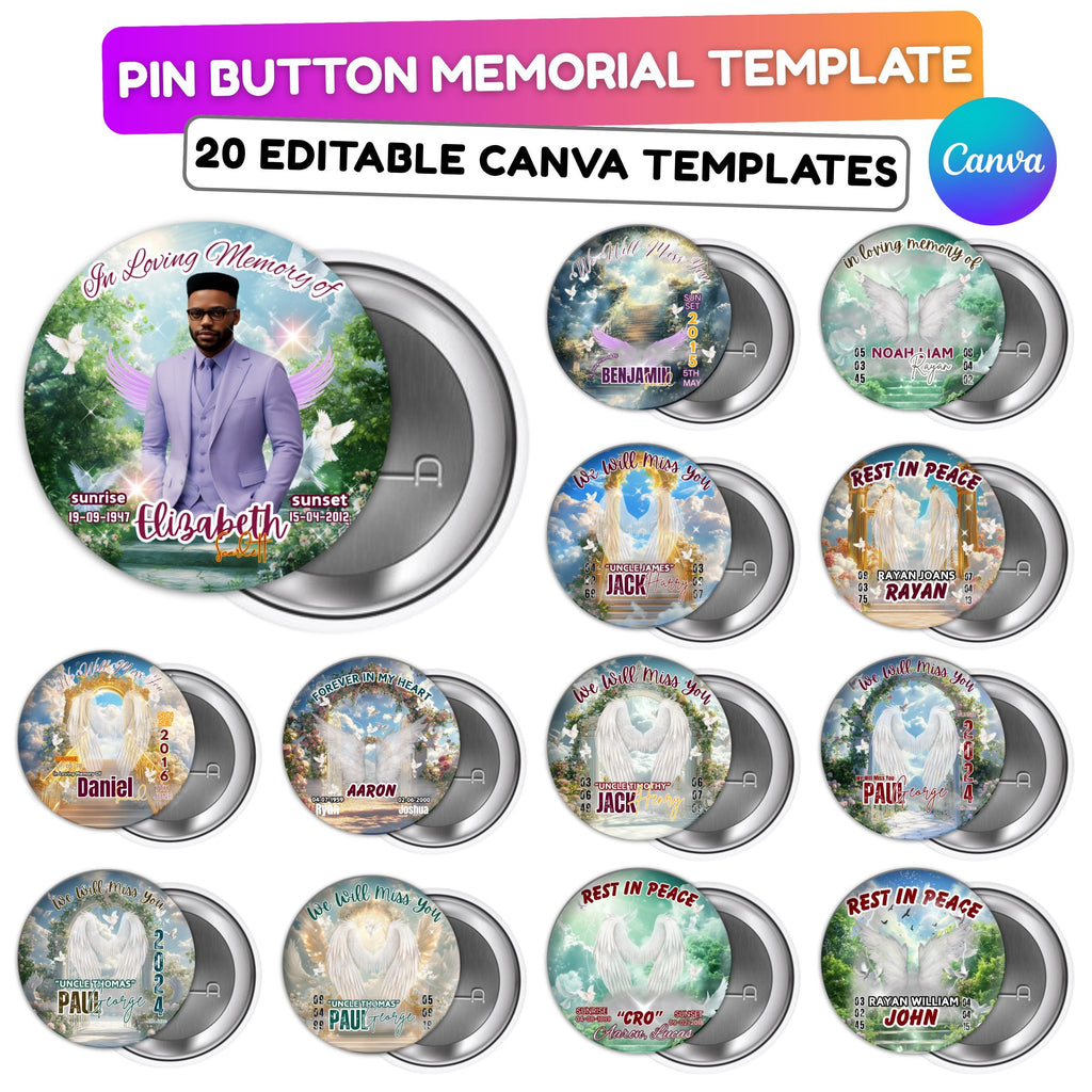20 In Loving Memory Pin Button Canva Editable Templates, Memorial Pin Button Canva Designs, Rest in Peace Pin Button, Digital Download - Editable Memorial Canva Template