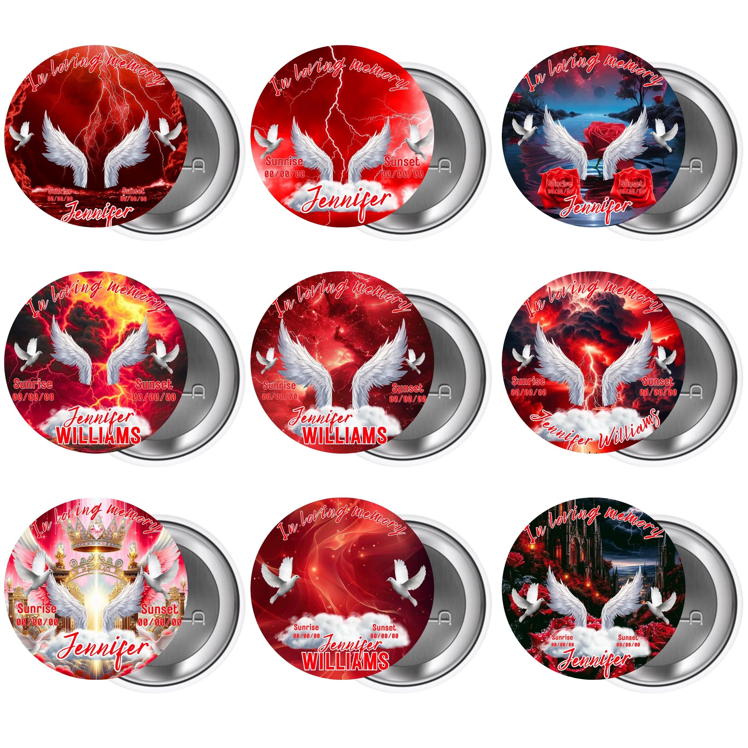 10 In Loving Memory Red Pin Button Canva Editable Templates Bundle, In Loving Memory, Memorial Red Pin Button Template, Funeral Button Favor - Editable Memorial Canva Template