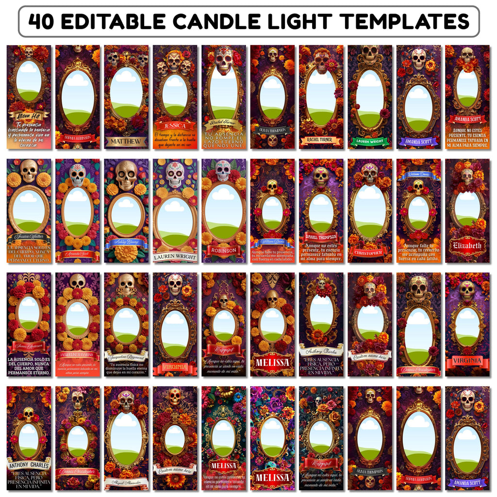 40 Día De Los Muertos Candle Labels Editable Templates, Dia de los Muertos Altar Decor Stickers, Velas Etiquetas, Digital Download - Editable Memorial Canva Template