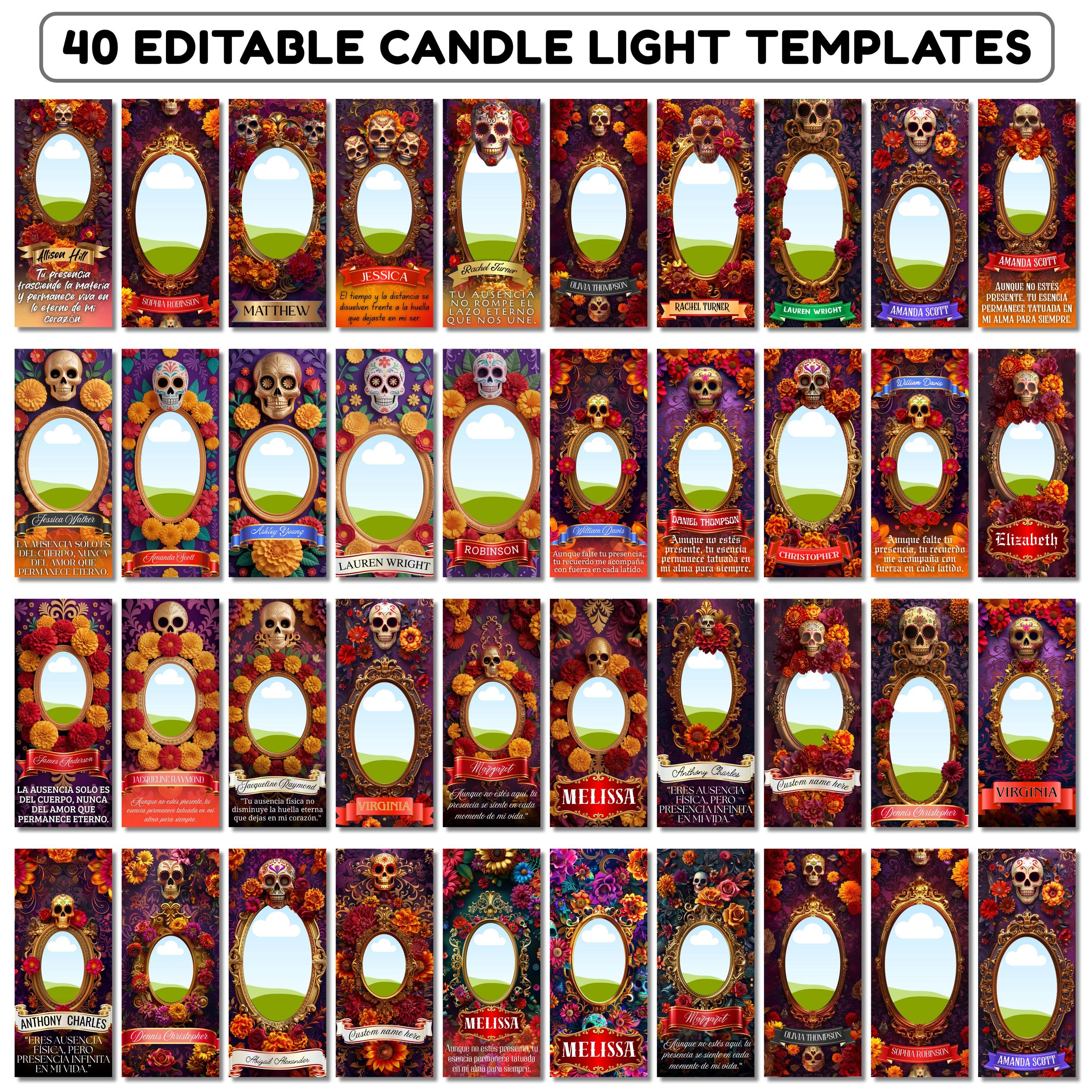 40 Día De Los Muertos Candle Labels Editable Templates, Dia de los Muertos Altar Decor Stickers, Velas Etiquetas, Digital Download - Editable Memorial Canva Template