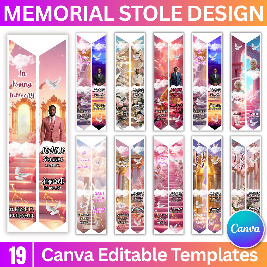 19 Memorial Stole Canva Editable Templates, In Loving Memory Templates, Memorial Canva Template, Funeral & Celebration, Digital Download - Editable Memorial Canva Template