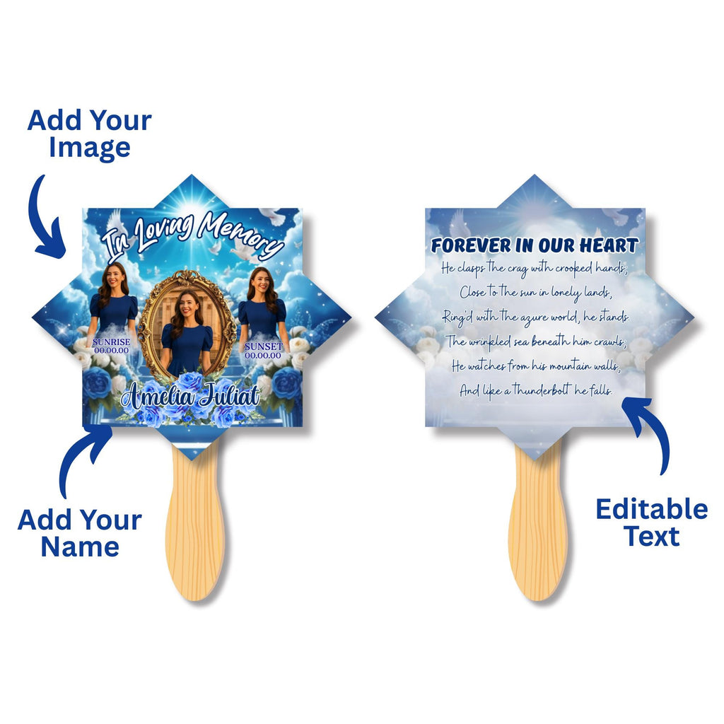 06 Blue Memorial Paddle Fan Canva Editable Template, In Loving Memory Fan, Celebration of Life Paddle Fan, In Loving Memory Handheld Tribute - Editable Memorial Canva Template