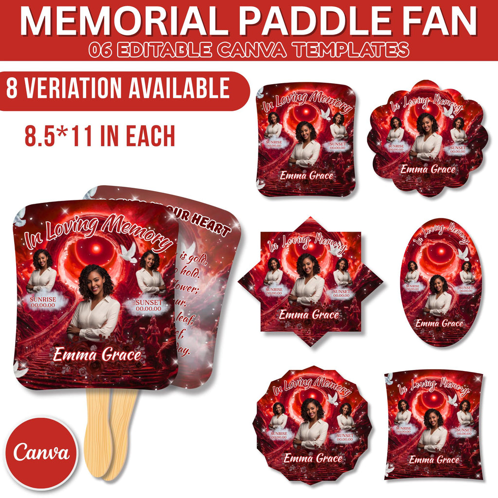 06 Red In Loving Memory Paddle Fan Canva Editable Template, Memorial Fan, Celebration of Life Paddle Fan, In Loving Memory Handheld Tribute - Editable Memorial Canva Template