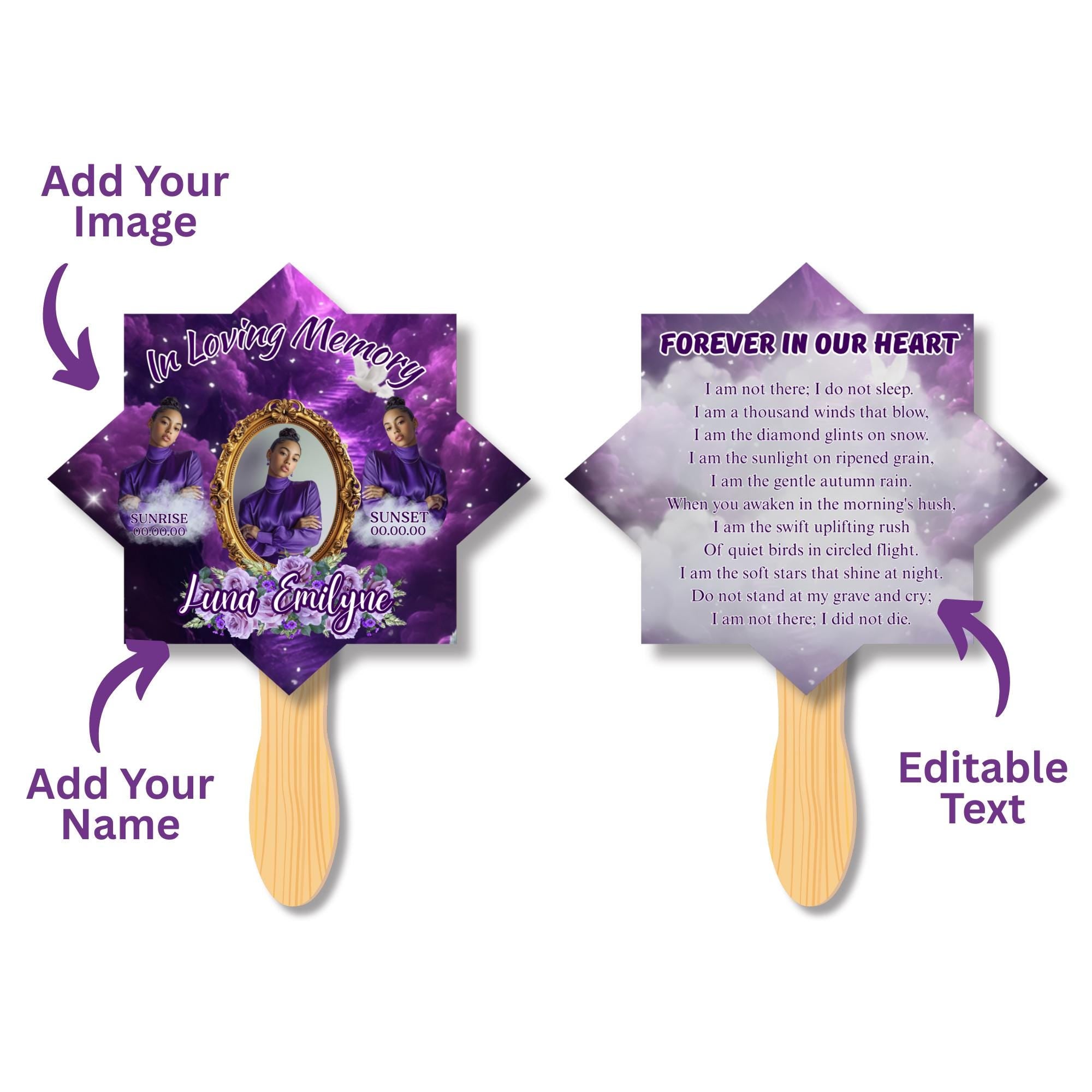 06 Purple Memorial Paddle Fan Editable Template, In Loving Memory Fan, Celebration of Life Paddle Fan, In Loving Memory Handheld Tribute - Editable Memorial Canva Template
