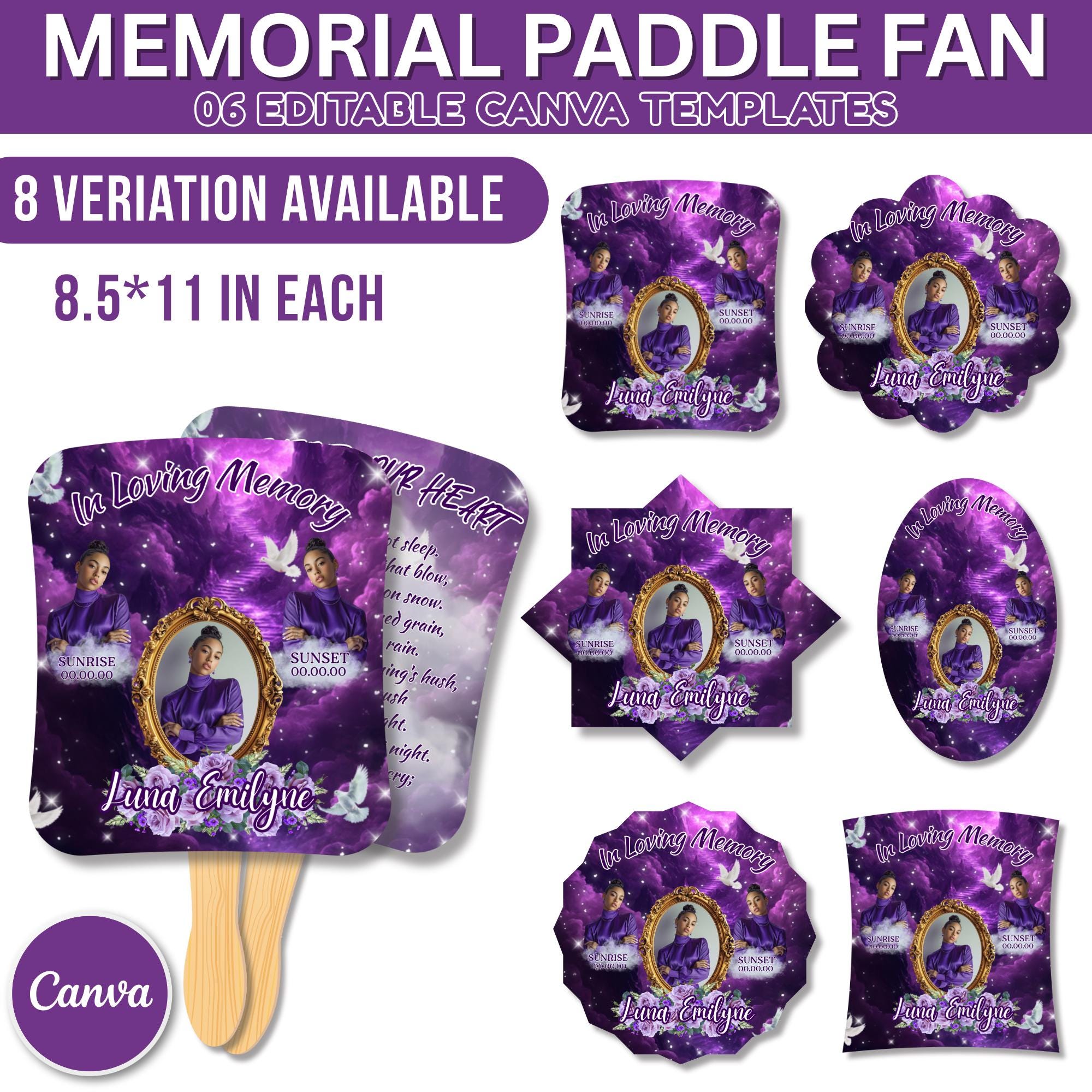 06 Purple Memorial Paddle Fan Editable Template, In Loving Memory Fan, Celebration of Life Paddle Fan, In Loving Memory Handheld Tribute - Editable Memorial Canva Template