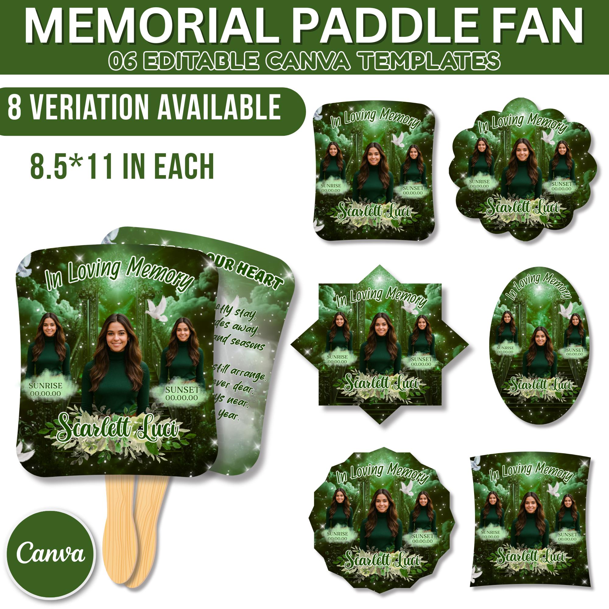 06 Green Memorial Paddle Fan Editable Template, In Loving Memory Fan, Celebration of Life Paddle Fan, In Loving Memory Handheld Tribute - Editable Memorial Canva Template