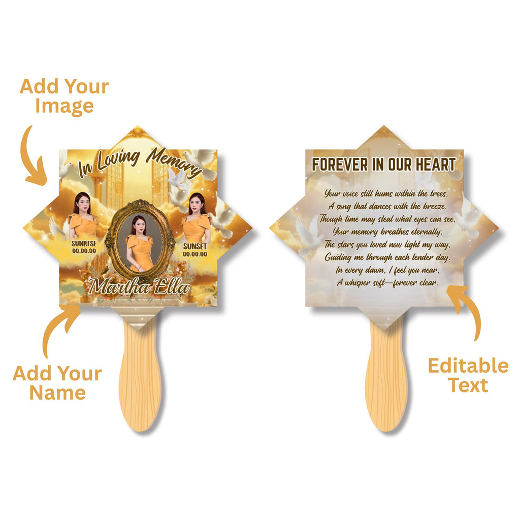06 Yellow Memorial Paddle Fan Editable Template, In Loving Memory Fan, Celebration of Life Paddle Fan, In Loving Memory Handheld Tribute - Editable Memorial Canva Template