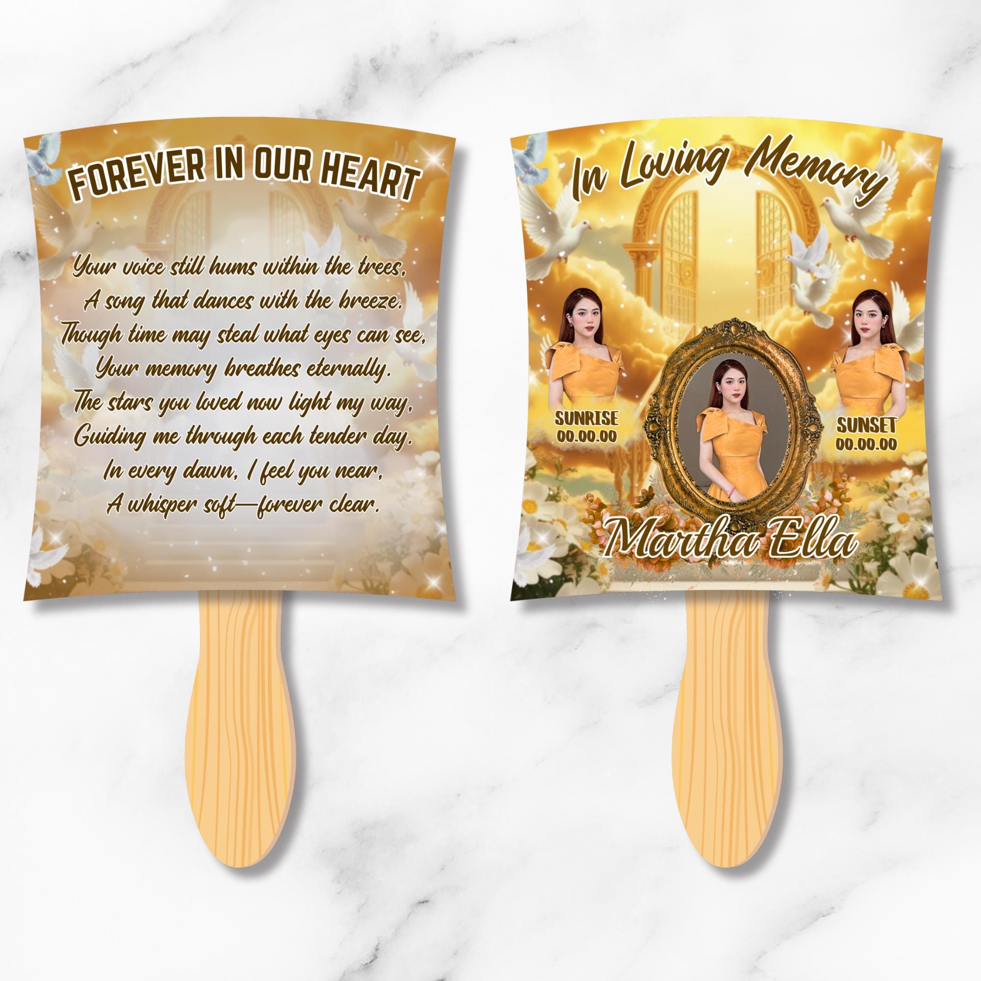06 Yellow Memorial Paddle Fan Editable Template, In Loving Memory Fan, Celebration of Life Paddle Fan, In Loving Memory Handheld Tribute - Editable Memorial Canva Template