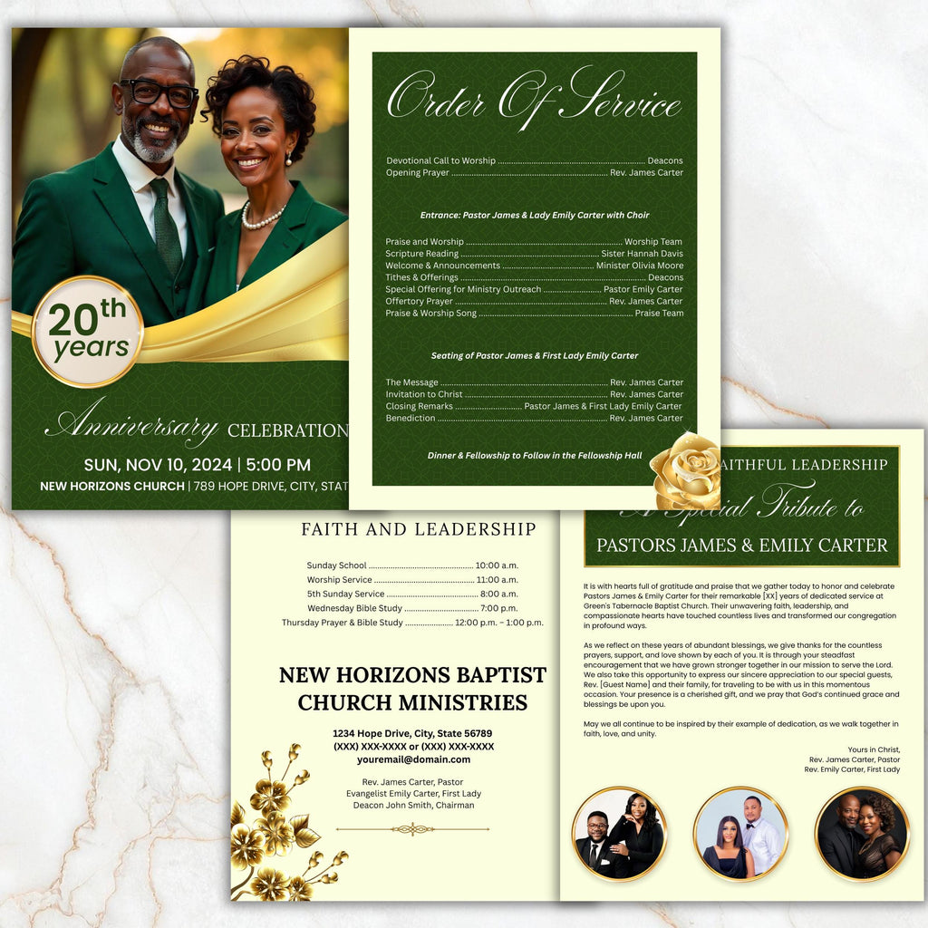 4 Pages Pastoral Anniversary Program Template, Bi-Fold Funeral Program, Church Program Template, Obituary Celebration Of Life Program - Editable Memorial Canva Template