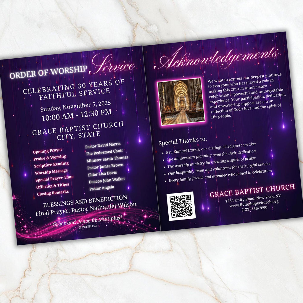 Church Anniversary Program Template, Editable Bifold 8.5x11” Design, Church Appreciation Program, Anniversary & Faith Celebration - Editable Memorial Canva Template