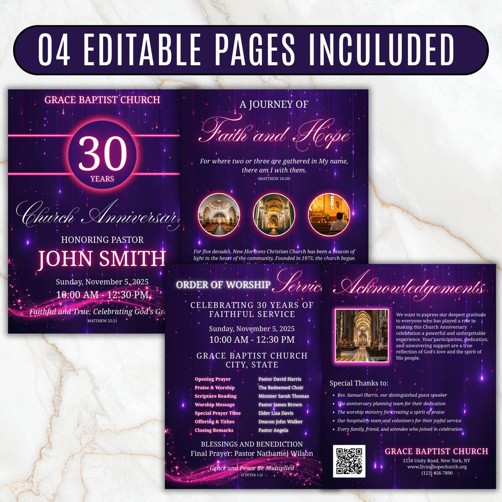 Church Anniversary Program Template, Editable Bifold 8.5x11” Design, Church Appreciation Program, Anniversary & Faith Celebration - Editable Memorial Canva Template