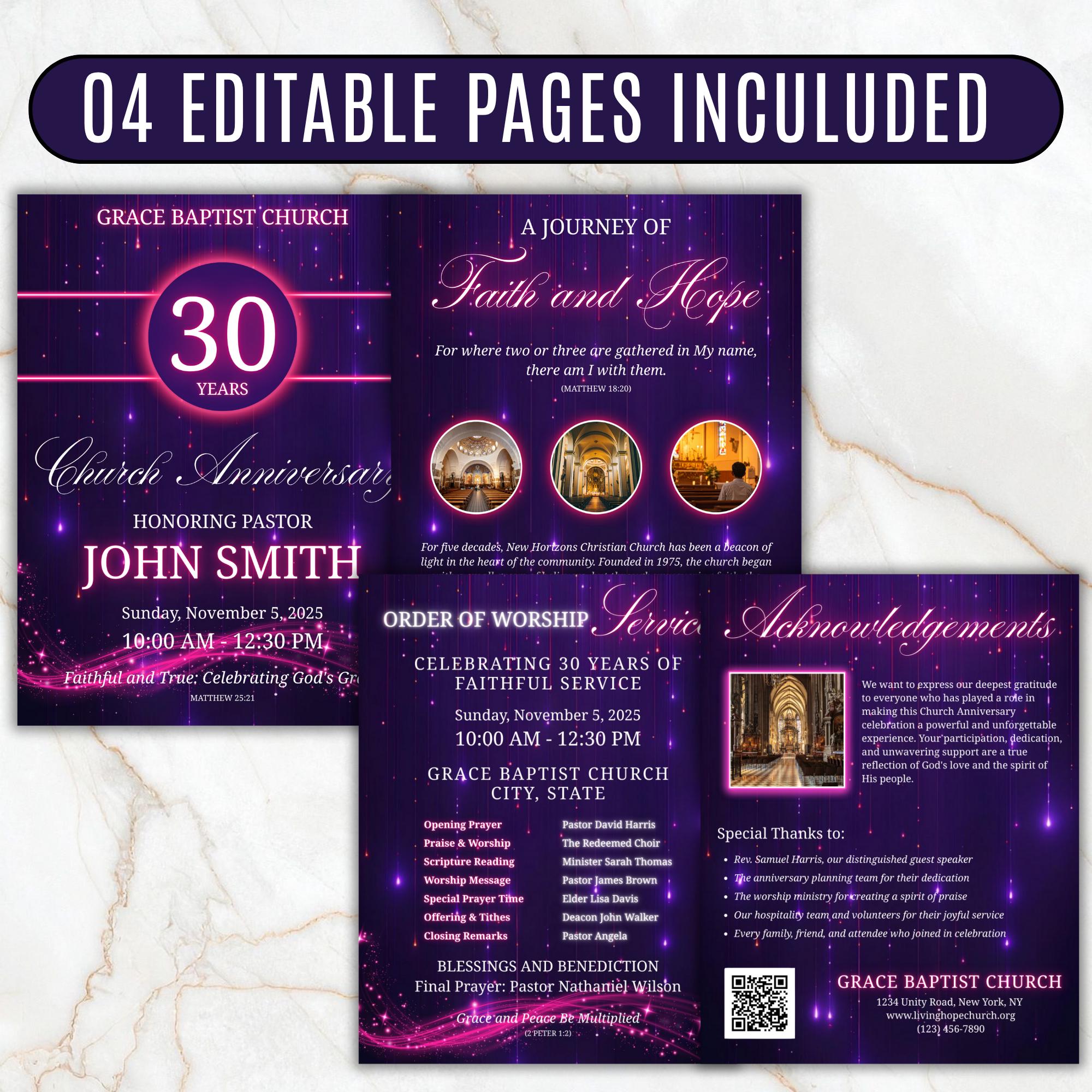 Church Anniversary Program Template, Editable Bifold 8.5x11” Design, Church Appreciation Program, Anniversary & Faith Celebration - Editable Memorial Canva Template