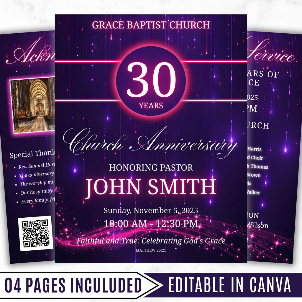 Church Anniversary Program Template, Editable Bifold 8.5x11” Design, Church Appreciation Program, Anniversary & Faith Celebration - Editable Memorial Canva Template