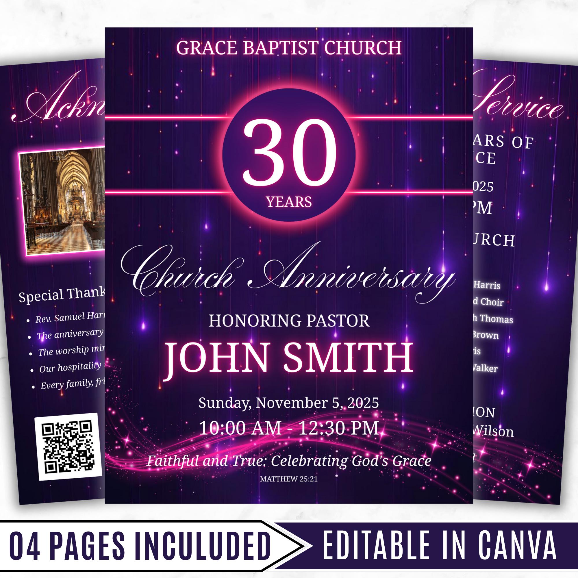 Church Anniversary Program Template, Editable Bifold 8.5x11” Design, Church Appreciation Program, Anniversary & Faith Celebration - Editable Memorial Canva Template