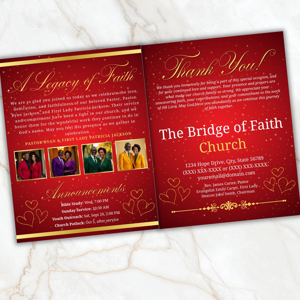 4 Pages Red Church Program Template, Bi-Fold Funeral Program, Church Program Red Gold , Printable & Editable, Instant Download - Editable Memorial Canva Template