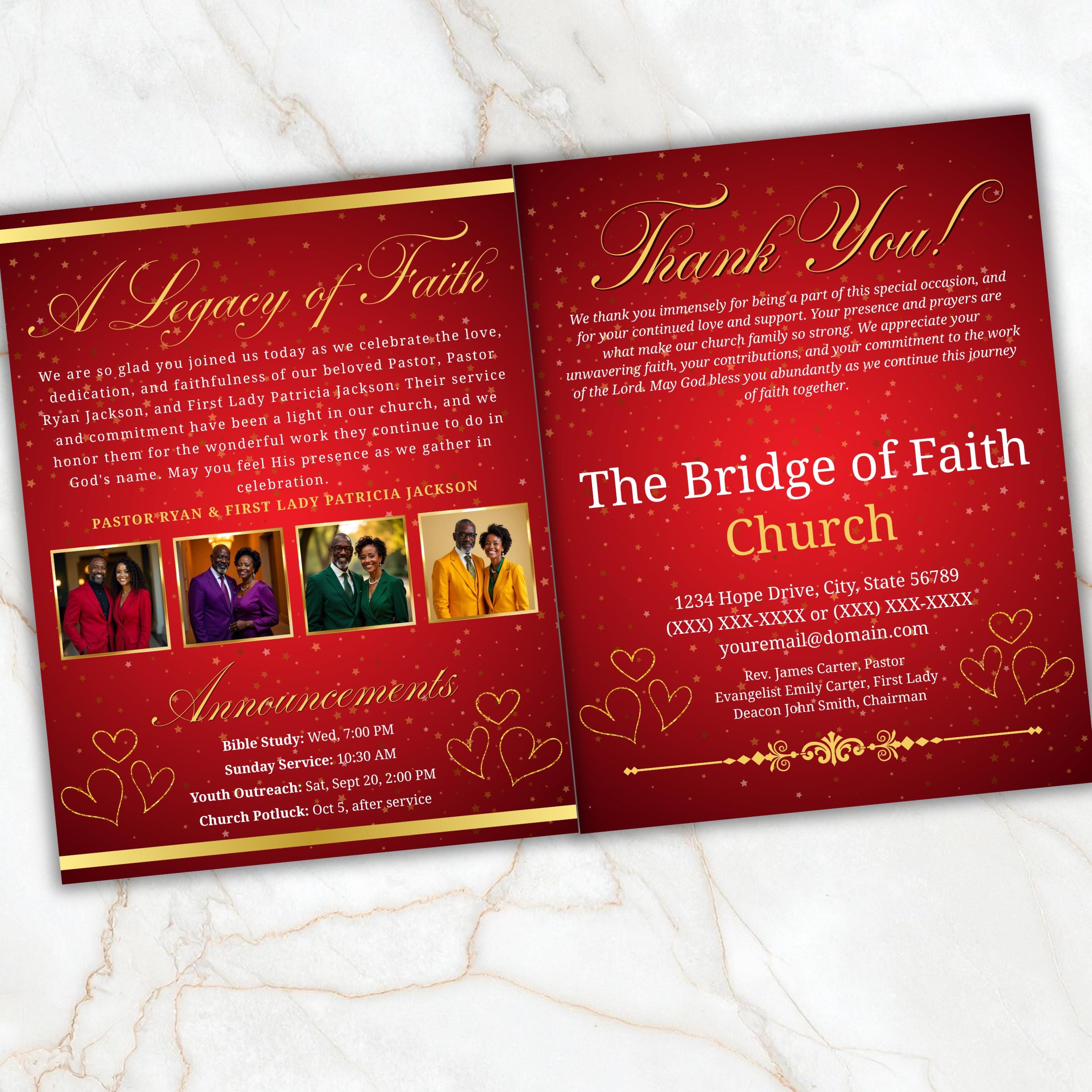 4 Pages Red Church Program Template, Bi-Fold Funeral Program, Church Program Red Gold , Printable & Editable, Instant Download - Editable Memorial Canva Template