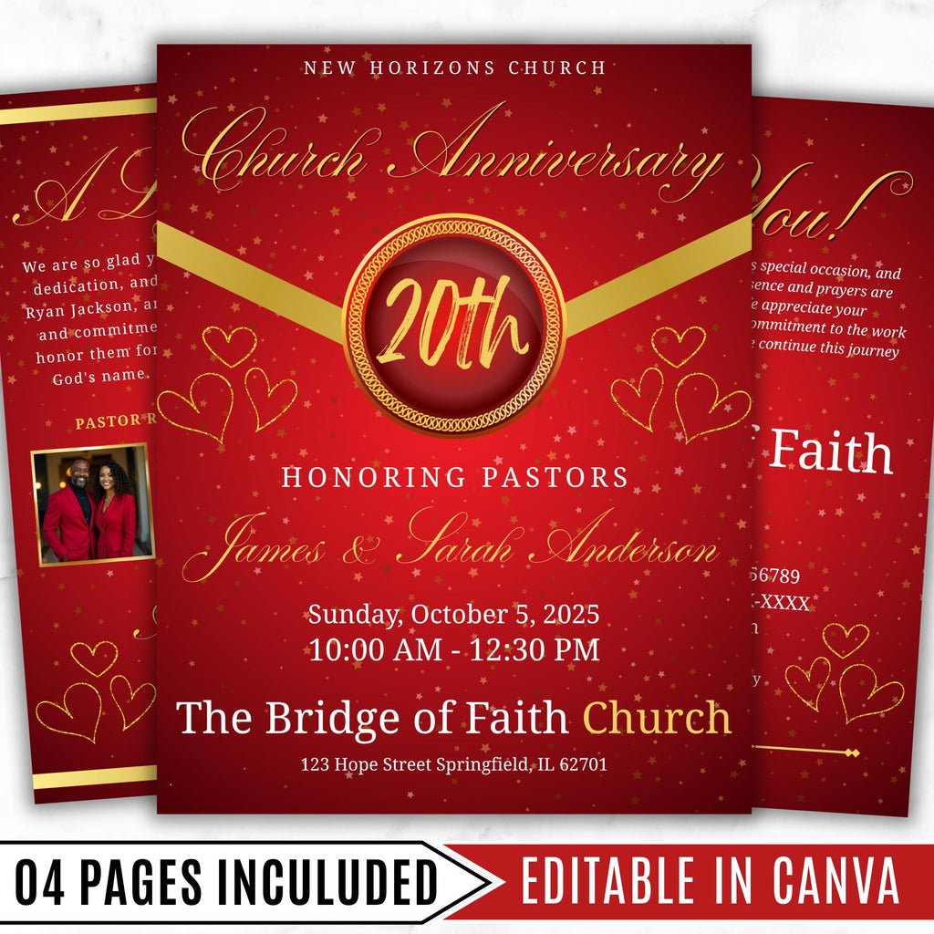 4 Pages Red Church Program Template, Bi-Fold Funeral Program, Church Program Red Gold , Printable & Editable, Instant Download - Editable Memorial Canva Template