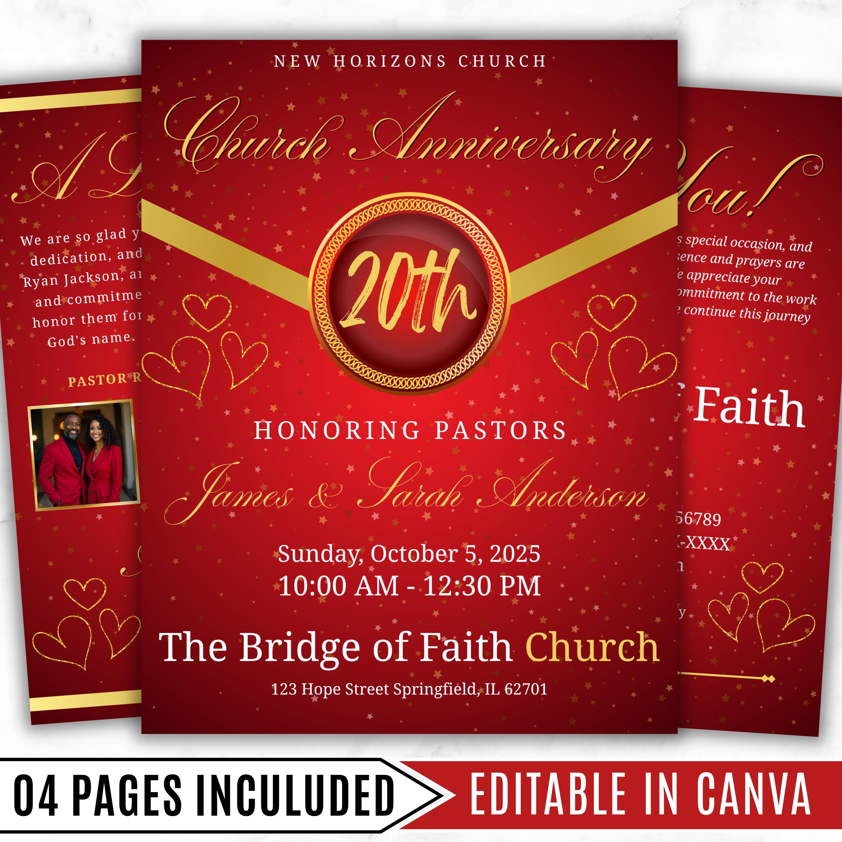 4 Pages Red Church Program Template, Bi-Fold Funeral Program, Church Program Red Gold , Printable & Editable, Instant Download - Editable Memorial Canva Template