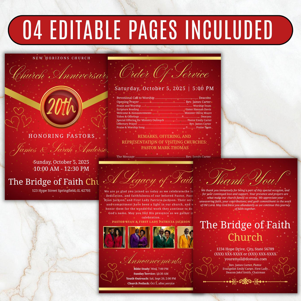 4 Pages Red Church Program Template, Bi-Fold Funeral Program, Church Program Red Gold , Printable & Editable, Instant Download - Editable Memorial Canva Template