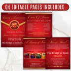 4 Pages Red Church Program Template, Bi-Fold Funeral Program, Church Program Red Gold , Printable & Editable, Instant Download - Editable Memorial Canva Template