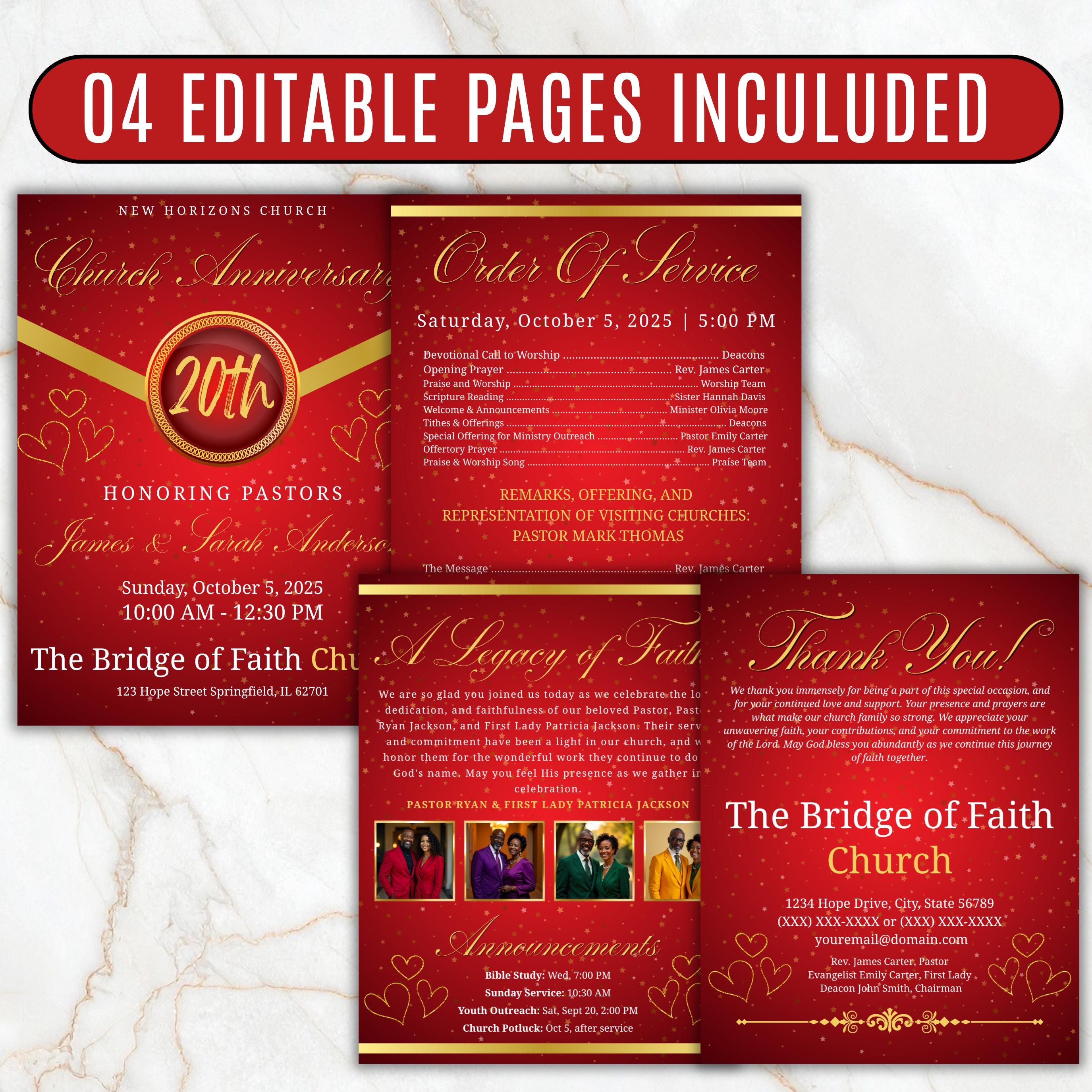 4 Pages Red Church Program Template, Bi-Fold Funeral Program, Church Program Red Gold , Printable & Editable, Instant Download - Editable Memorial Canva Template