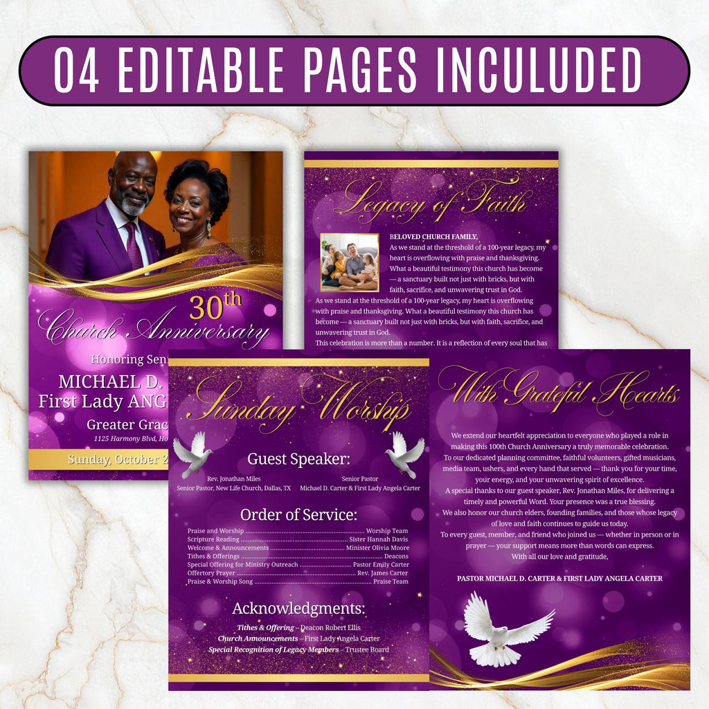 Purple Church Anniversary Program Template, Editable Bifold 8.5x11” Design, Church Appreciation Program, Anniversary & Faith Celebration - Editable Memorial Canva Template
