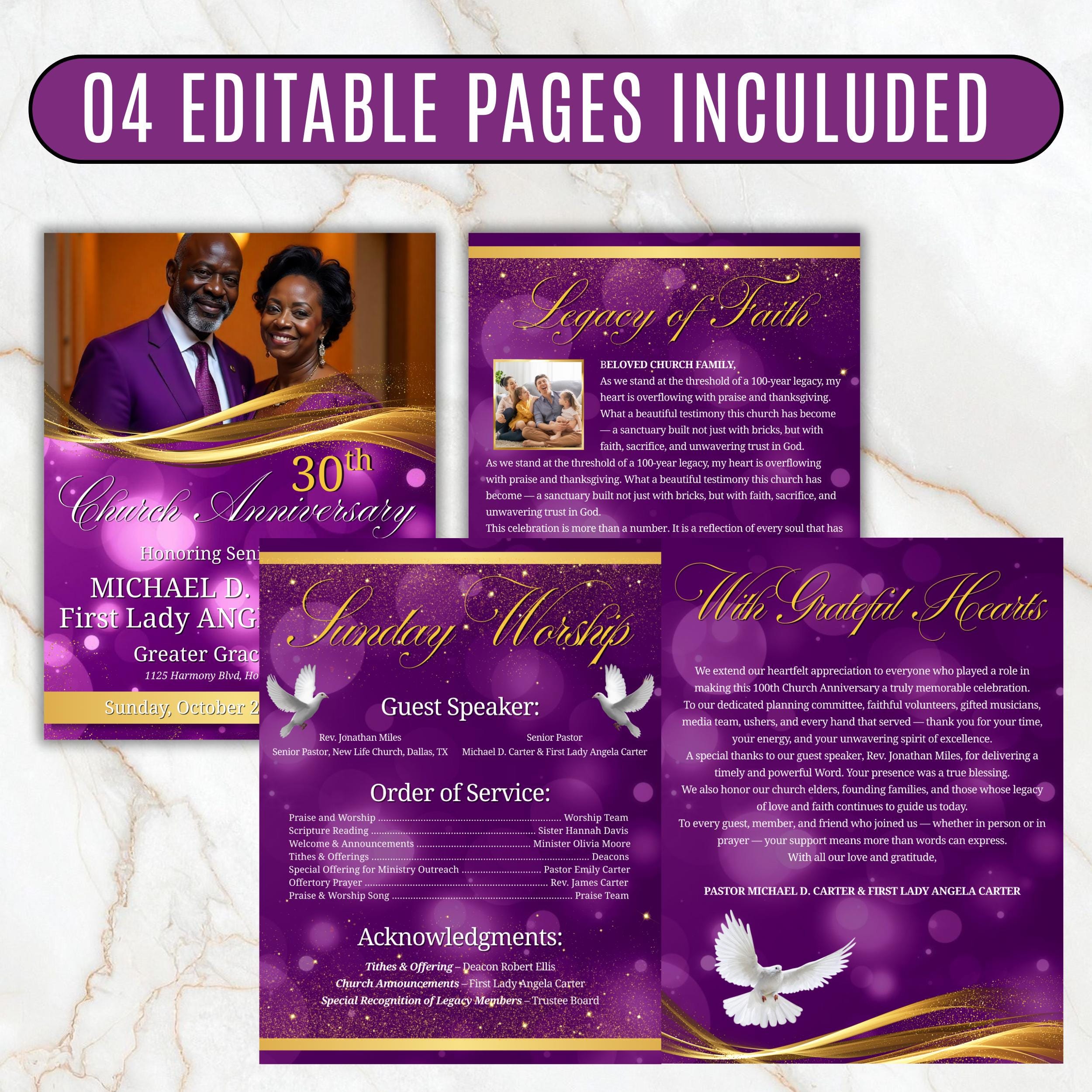 Purple Church Anniversary Program Template, Editable Bifold 8.5x11” Design, Church Appreciation Program, Anniversary & Faith Celebration - Editable Memorial Canva Template