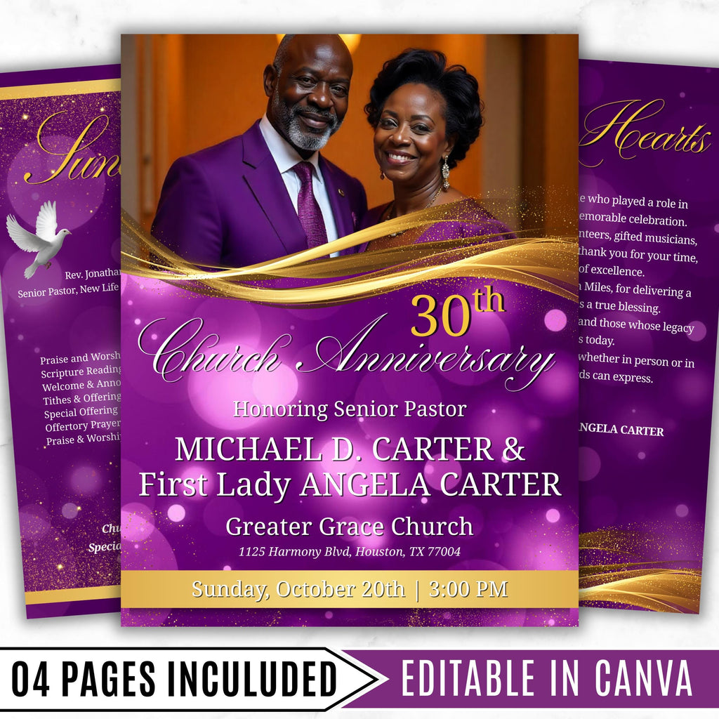 Purple Church Anniversary Program Template, Editable Bifold 8.5x11” Design, Church Appreciation Program, Anniversary & Faith Celebration - Editable Memorial Canva Template