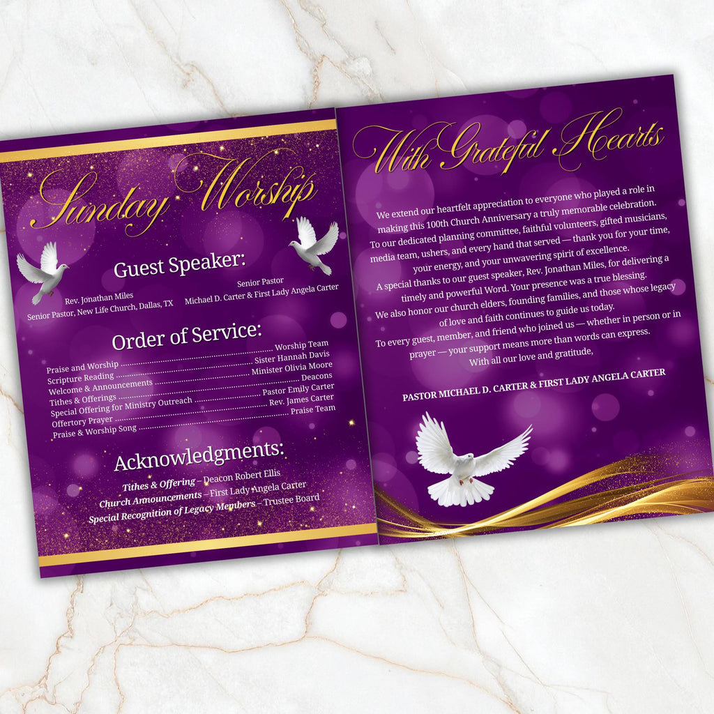 Purple Church Anniversary Program Template, Editable Bifold 8.5x11” Design, Church Appreciation Program, Anniversary & Faith Celebration - Editable Memorial Canva Template