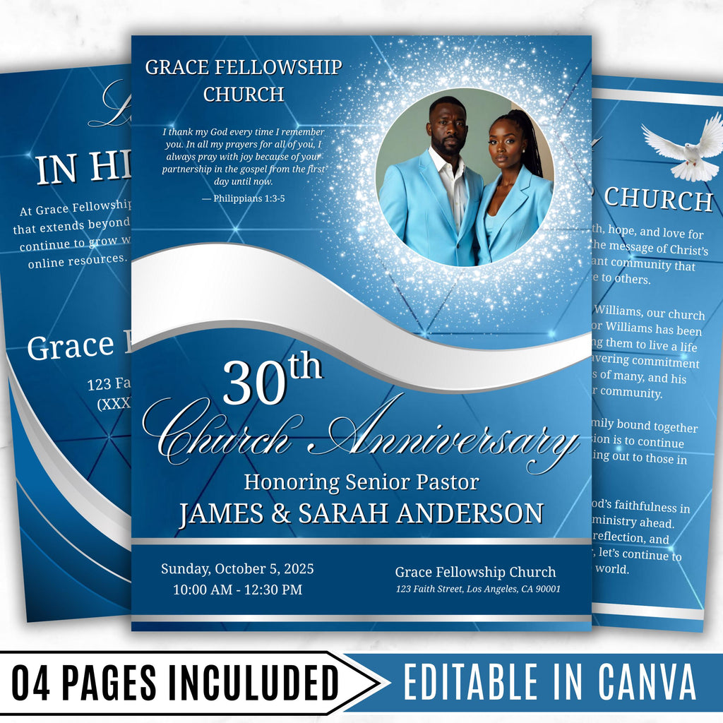 4 Pages Church Anniversary Program Template, Editable Bifold 8.5x11” Design, Church Appreciation Program, Anniversary & Faith Celebration - Editable Memorial Canva Template