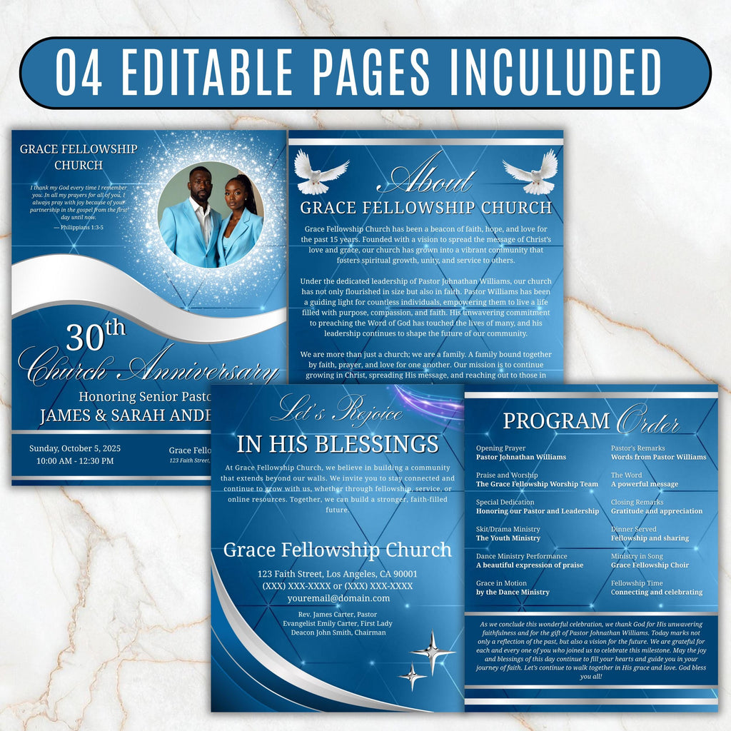 4 Pages Church Anniversary Program Template, Editable Bifold 8.5x11” Design, Church Appreciation Program, Anniversary & Faith Celebration - Editable Memorial Canva Template
