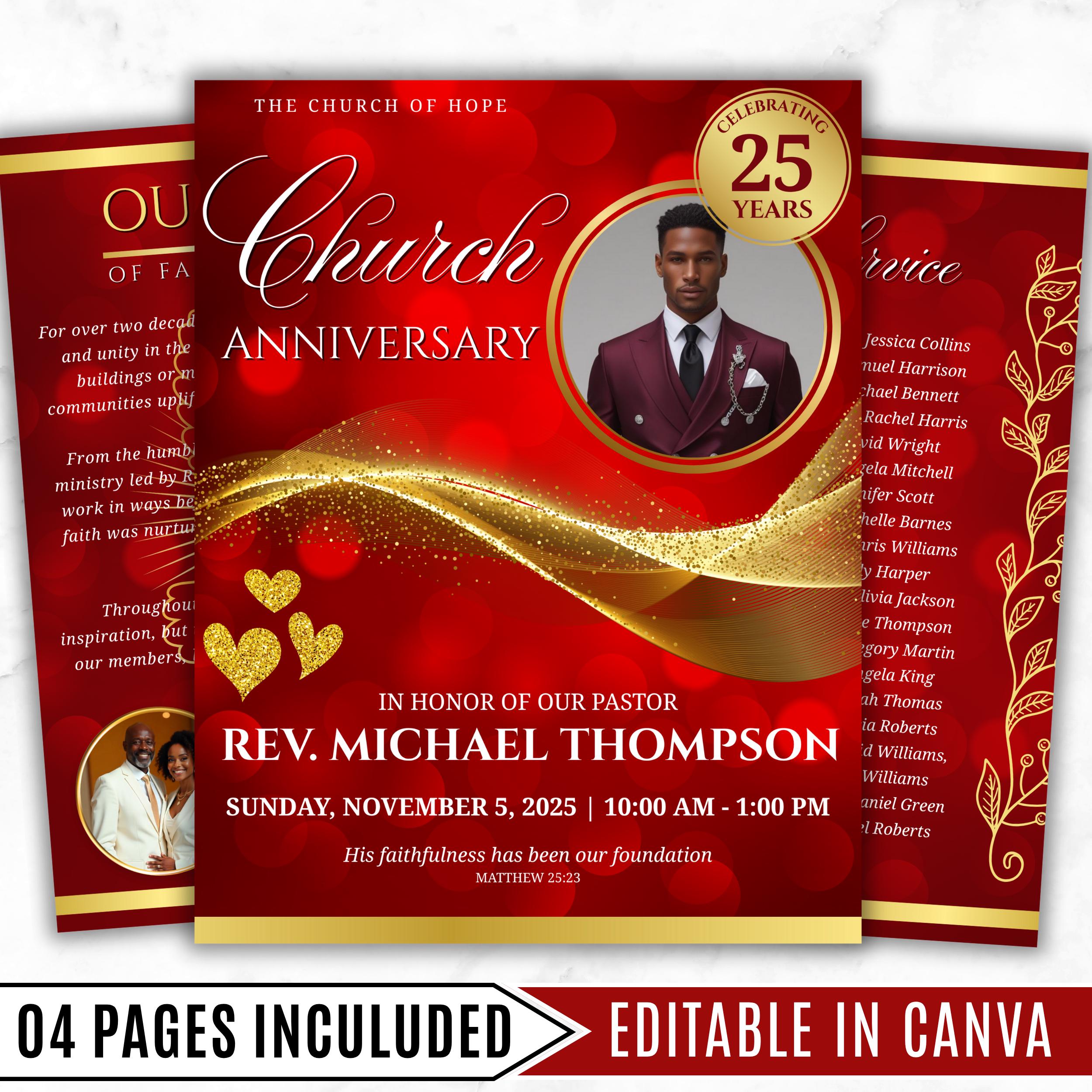 Church Anniversary Program Template, Editable Bifold 8.5x11” Design, Church Appreciation Program, Anniversary & Faith Celebration - Editable Memorial Canva Template