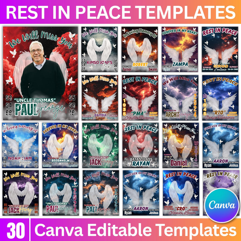 30 In Loving Memory Canva Editable Templates, Memorial Canva Template, Rest In Peace Design, Funeral Celebration of Life, Digital Download - Editable Memorial Canva Template