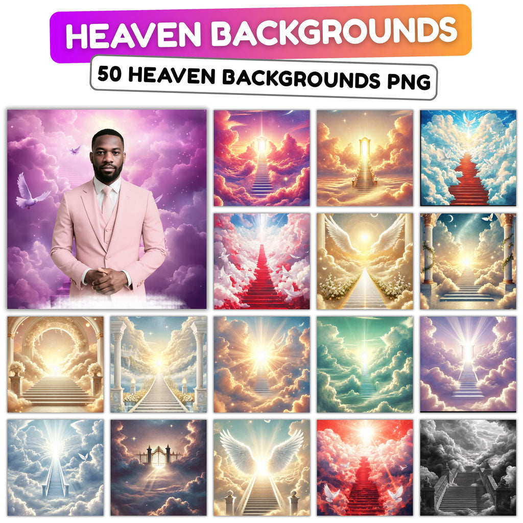 30 Memorial Heaven Backgrounds Png Bundle, Memorial Backgrounds, In Loving Memory Backgrounds, Heaven Stair Steps & Gate, In Loving Memory - Editable Memorial Canva Template