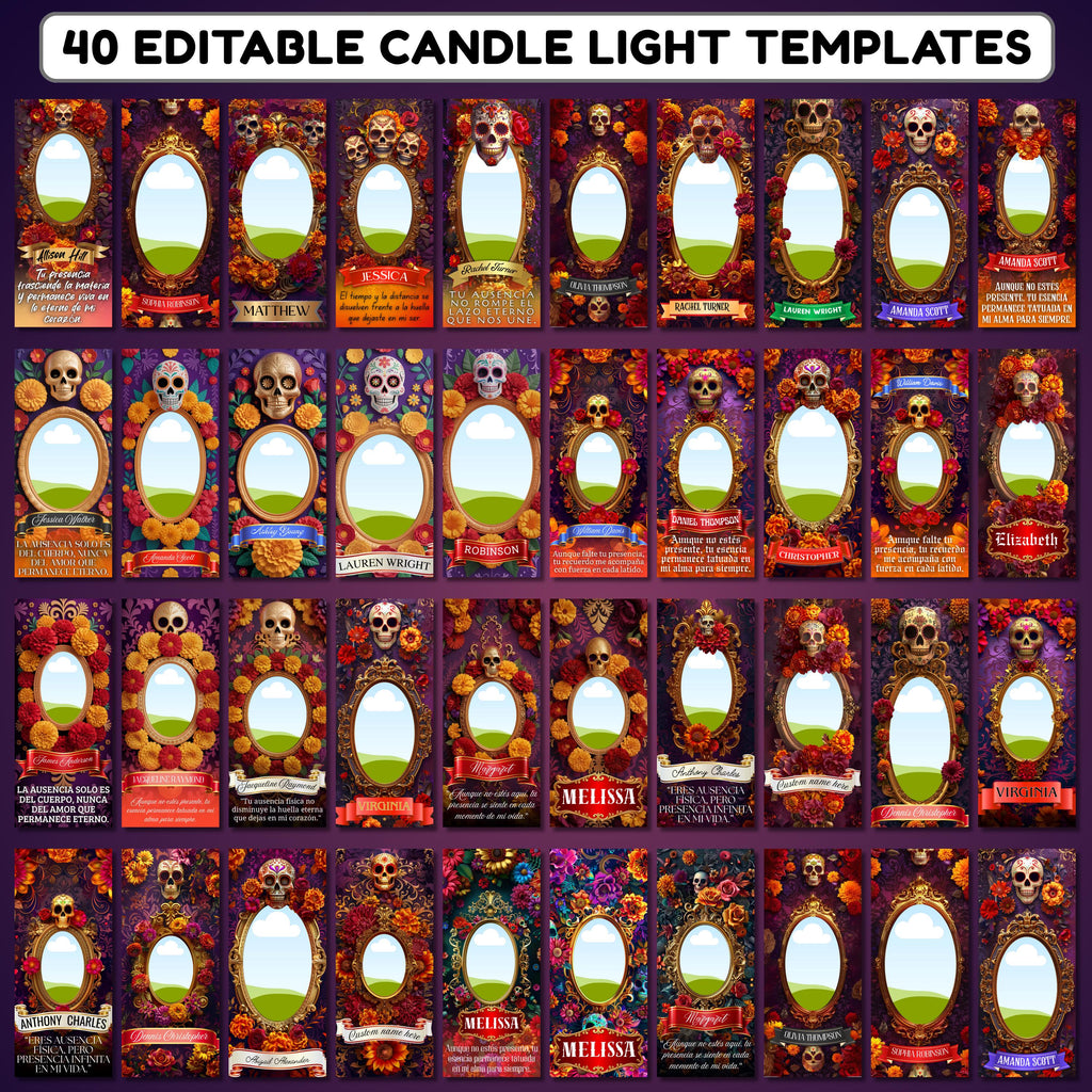40 Día De Los Muertos Candle Labels Editable Templates, Dia de los Muertos Altar Decor Stickers, Velas Etiquetas, Digital Download - Editable Memorial Canva Template