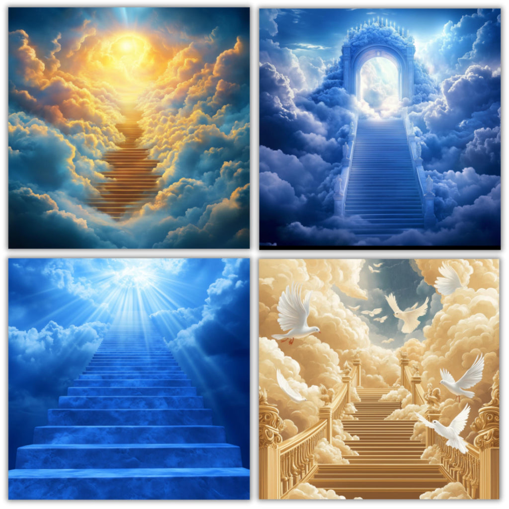 30 Memorial Heaven Backgrounds Png Bundle, Memorial Backgrounds, In Loving Memory Backgrounds, Heaven Stair Steps & Gate, Rest In Peace - Editable Memorial Canva Template