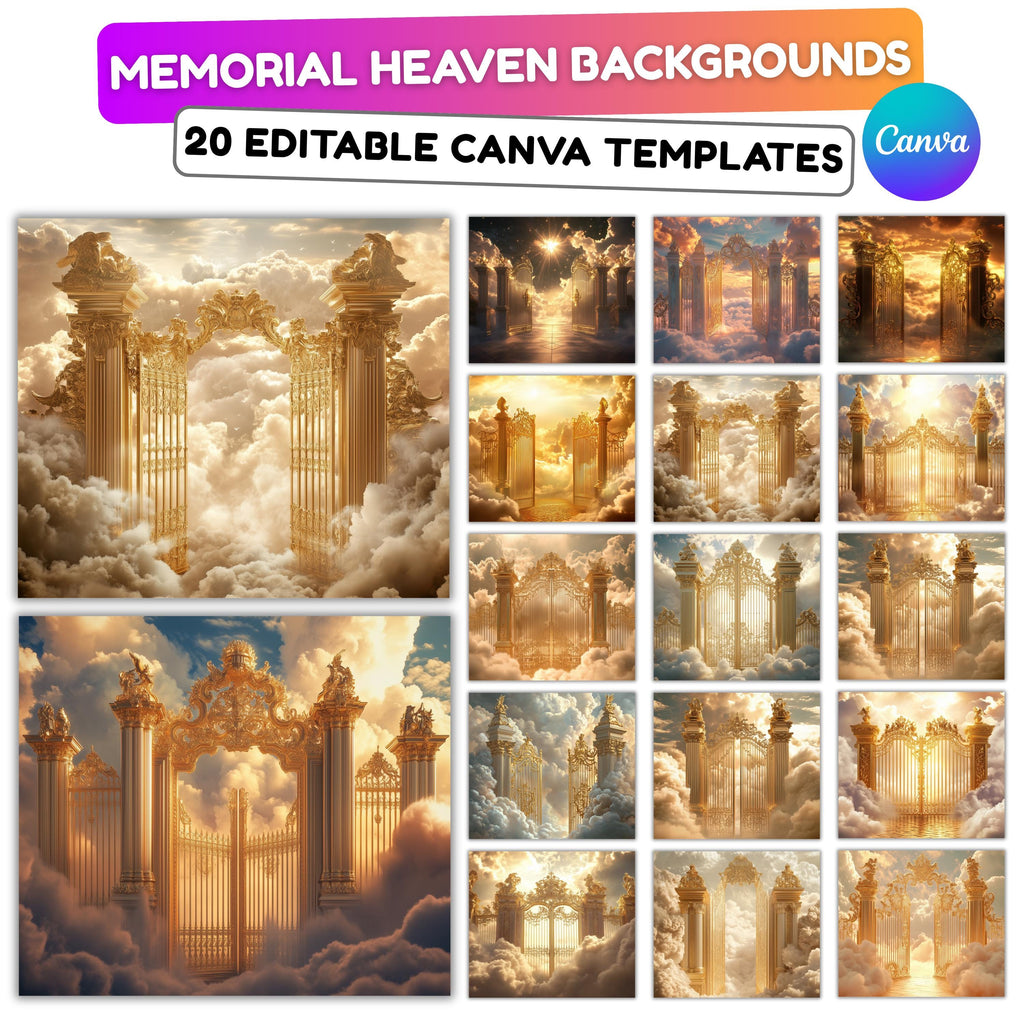 20 Golden Memorial Heaven Backgrounds Png Bundle, Memorial Background, In Loving Memory Background, Heaven Stair Steps & Gate, Rest In Peace - Editable Memorial Canva Template