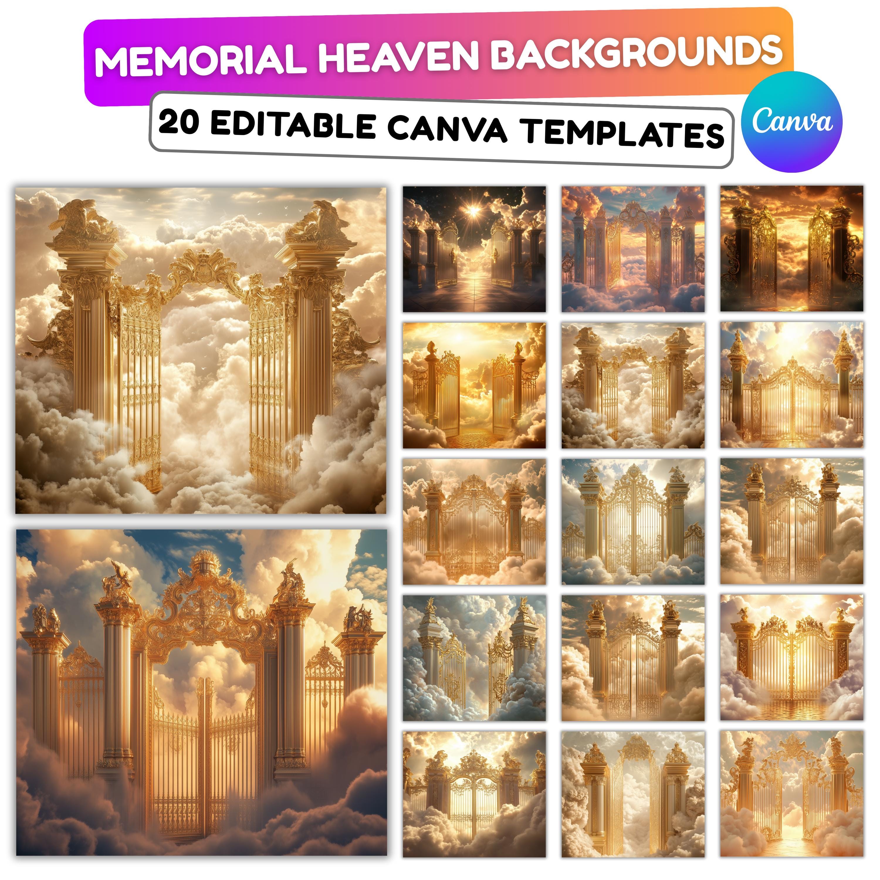 20 Golden Memorial Heaven Backgrounds Png Bundle, Memorial Background, In Loving Memory Background, Heaven Stair Steps & Gate, Rest In Peace - Editable Memorial Canva Template