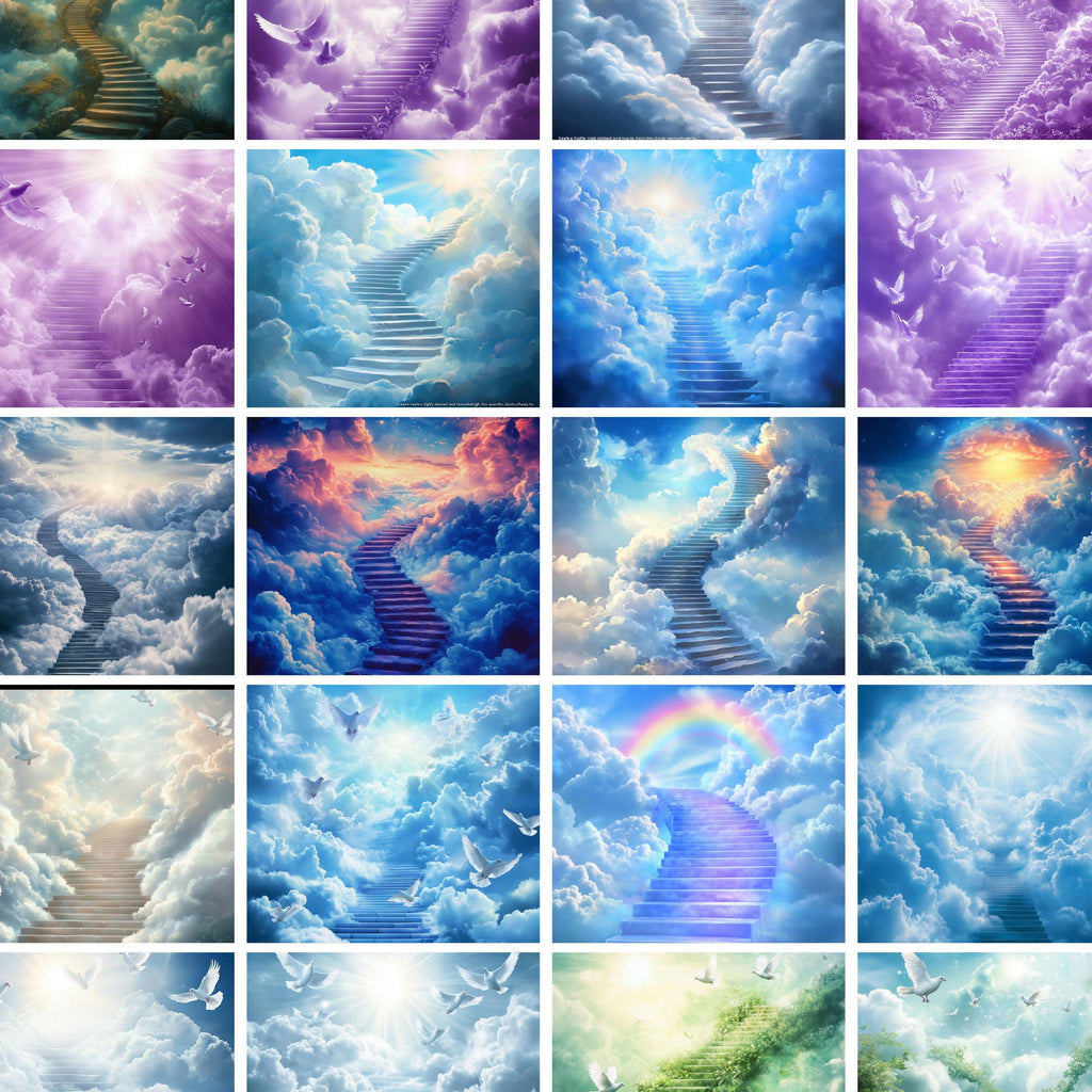 22 Memorial Heaven Backgrounds Png Bundle, Memorial Backgrounds, In Loving Memory Backgrounds, Heaven Stair Steps & Gate, Rest In Peace - Editable Memorial Canva Template
