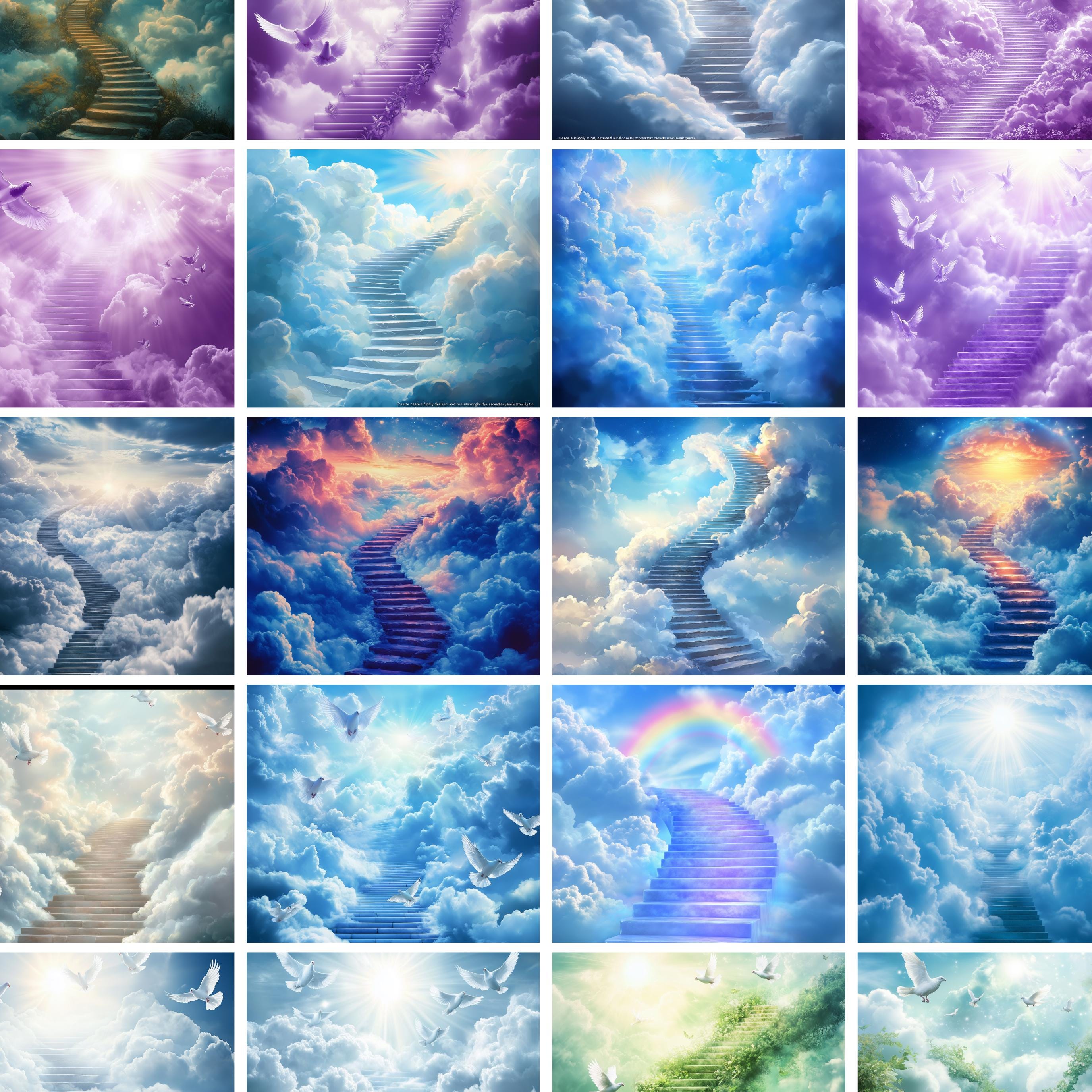 22 Memorial Heaven Backgrounds Png Bundle, Memorial Backgrounds, In Loving Memory Backgrounds, Heaven Stair Steps & Gate, Rest In Peace - Editable Memorial Canva Template