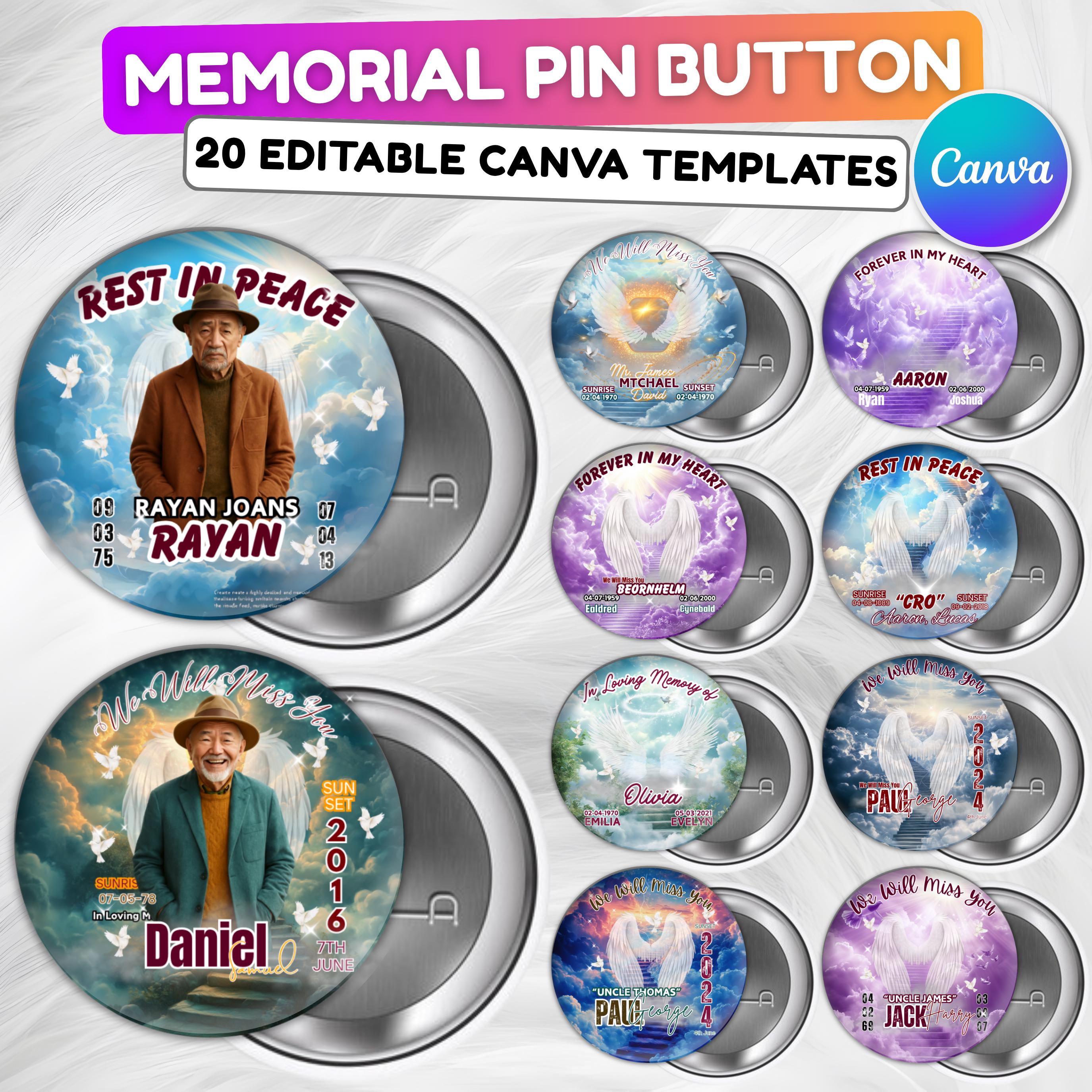 22 In Loving Memory Pin Button Canva Editable Templates, Memorial Pin Button Canva Designs, Rest in Peace Button, Instant Download - Editable Memorial Canva Template
