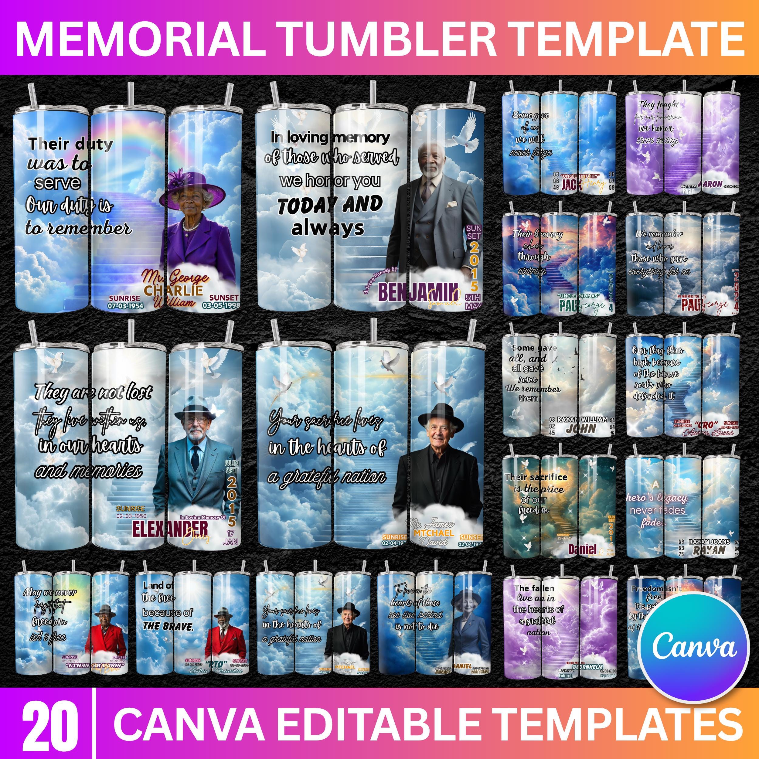 20 Memorial Tumbler Canva Editable Template Bundle, Canva Editable Template, Memorial Blue Tumbler, Add your Own Photo Canva Tumbler - Editable Memorial Canva Template