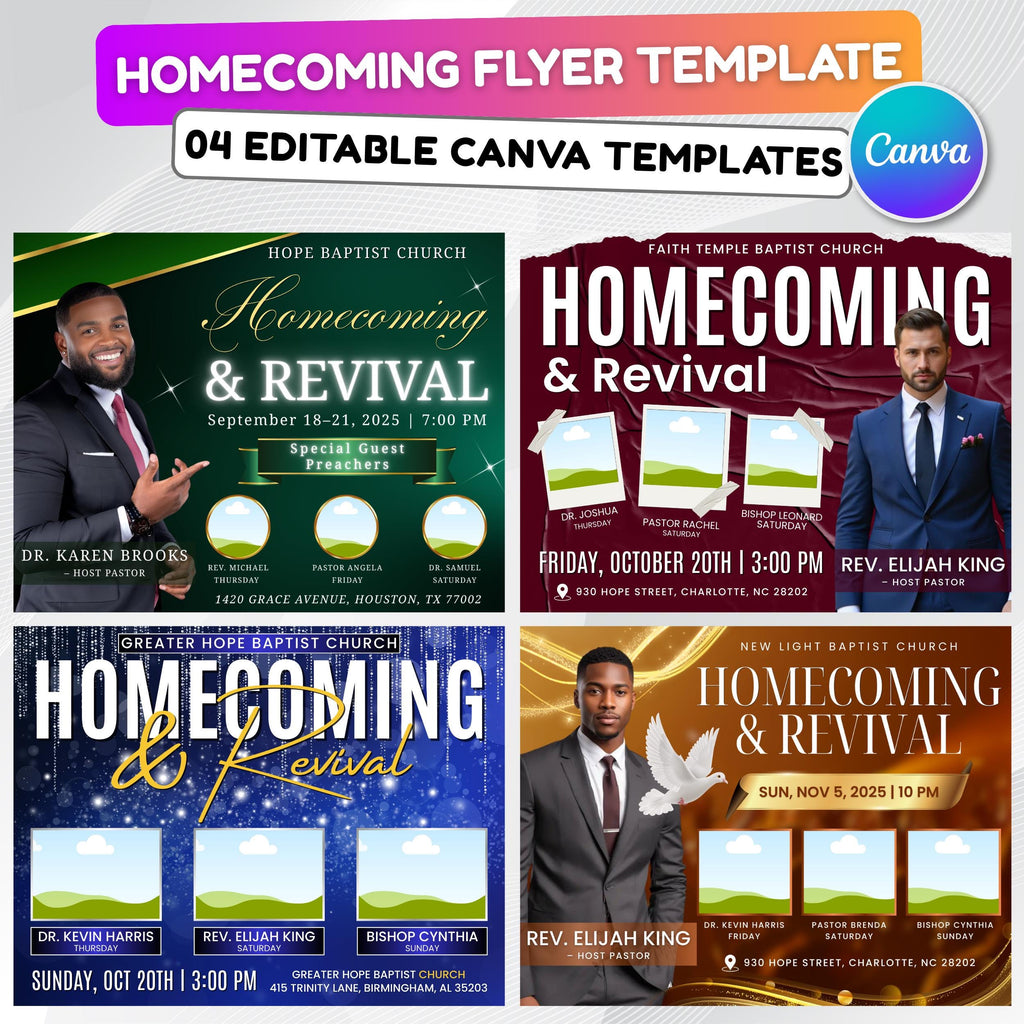 04 Homecoming and Revival Flyer Editable Template, Homecoming Campaign Template, Canva Frame Template, Digital Template, Instant Download - Editable Memorial Canva Template