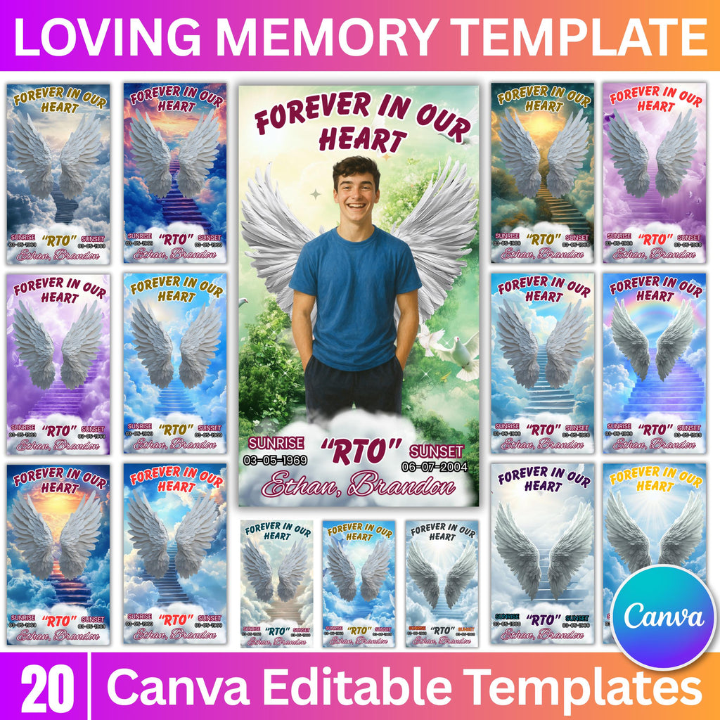 20 In Loving Memory Canva Editable Templates, Memorial Canva Template, Rest In Peace Design, Funeral Celebration of Life, Digital Download - Editable Memorial Canva Template