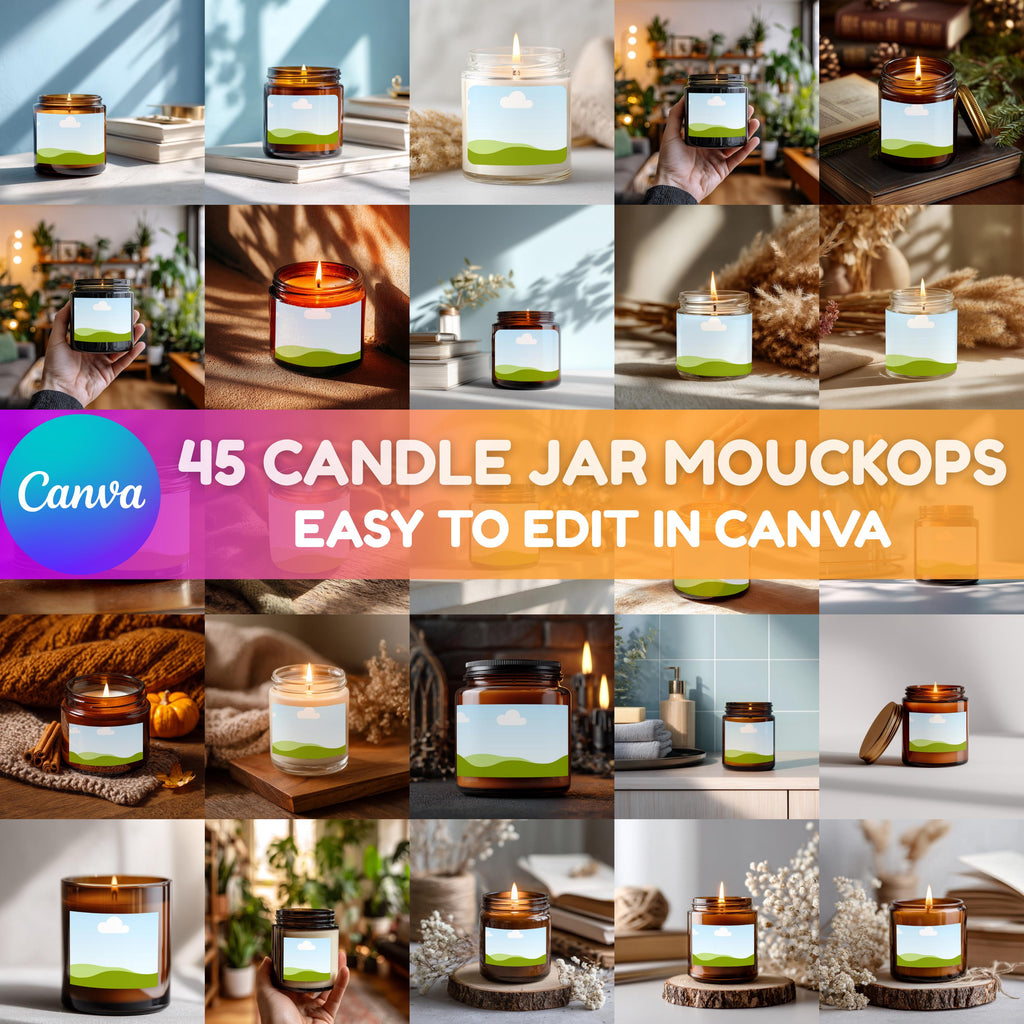45 Candle Mockup Canva Template Bundle, Amber Candle Jar Mockup, Custom Candle Mockups Template, Amber & Scented Candle Designs - Editable Memorial Canva Template