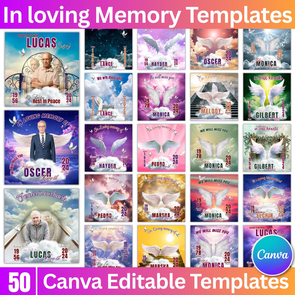 50 In Loving Memory Canva Editable Templates, Memorial Canva Template, Rest In Peace Design, Funeral Celebration of Life, Digital Download - Editable Memorial Canva Template