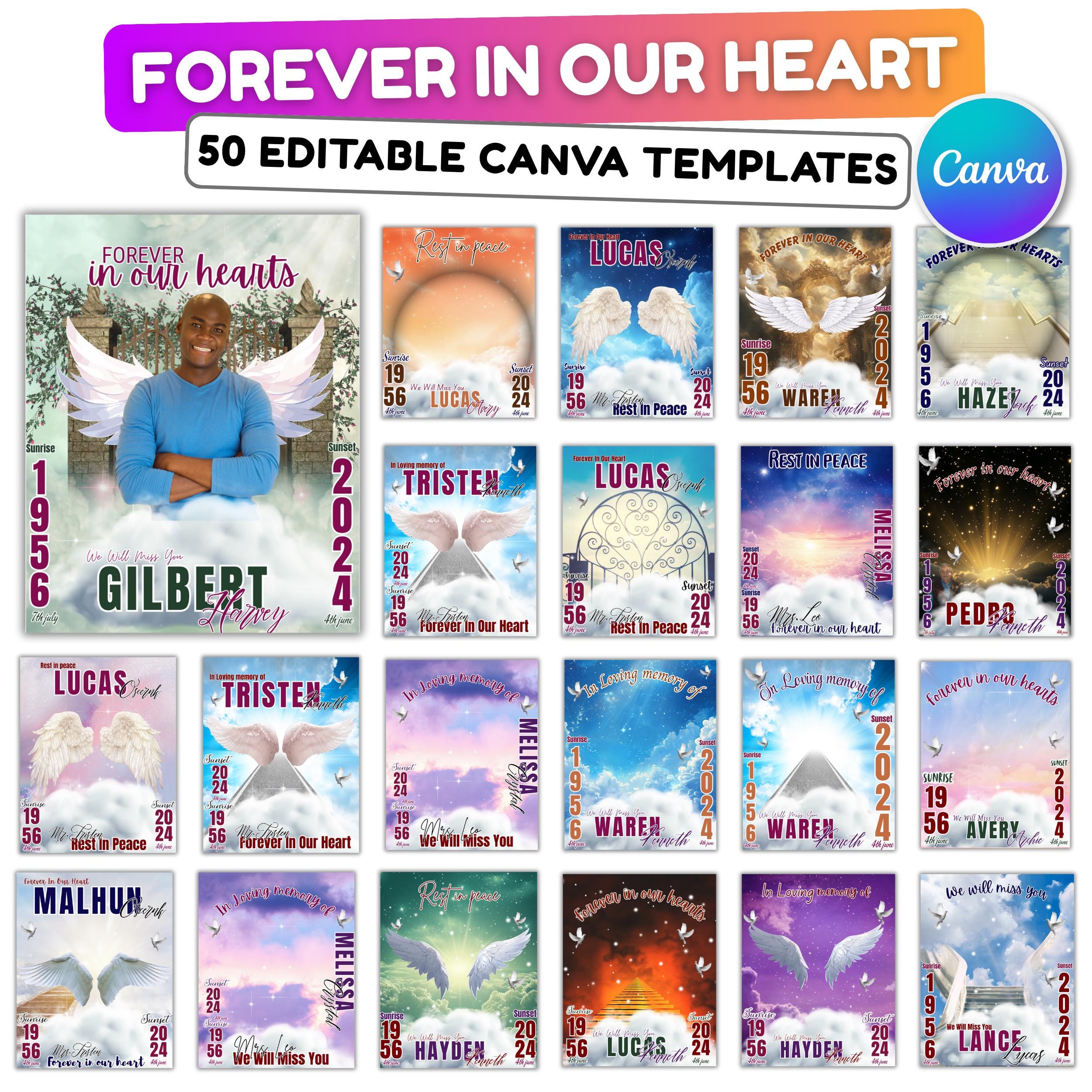 50 Forever In Our Heart Editable Templates, Memorial Canva Template, Rest In Peace Design, In Loving Memory Template, Instant Download - Editable Memorial Canva Template
