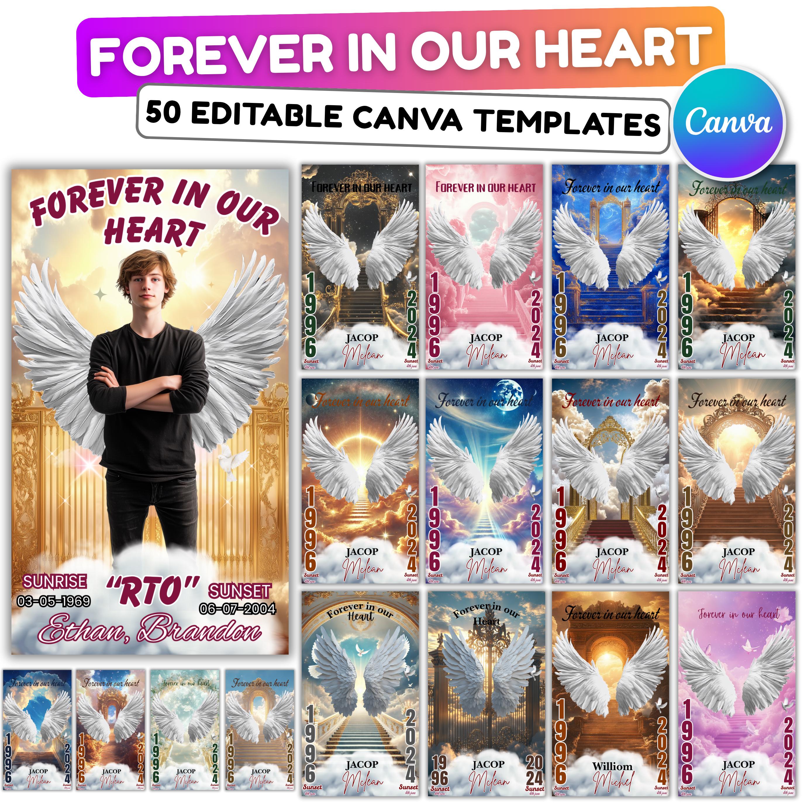 50 Forever In Our Heart Editable Templates, Memorial Canva Template, Rest In Peace Design, In Loving Memory Template, Instant Download - Editable Memorial Canva Template